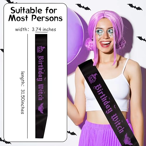 Miniatura 2 de Serencatcher Banda de bruja de cumpleaños, banda de fiesta de cumpleaños de bruja para niñas y mujeres, banda negra con purpurina morada, banda de