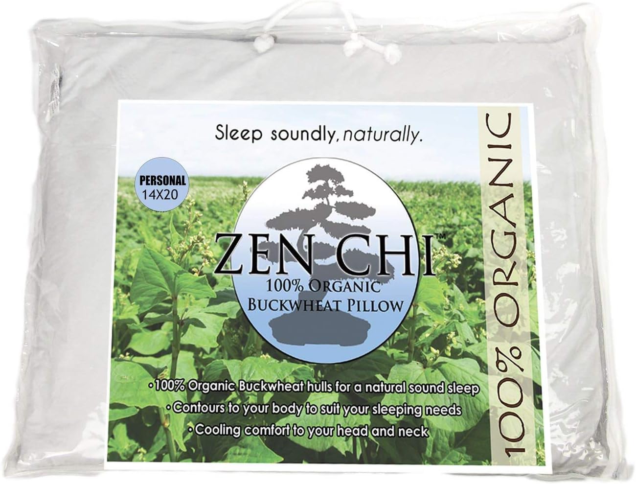 ZEN CHI Buckwheat Pillow Organic Standard Size (14x20) w Natural Cooling Technology All Cotton