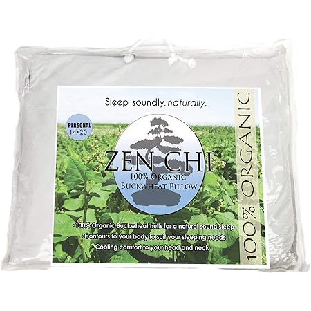 ZEN CHI Buckwheat Pillow- Organic Standard Size (14x20) w Natural Cooling Technology- All Cotton Cover w Organic Buckwheat Hulls