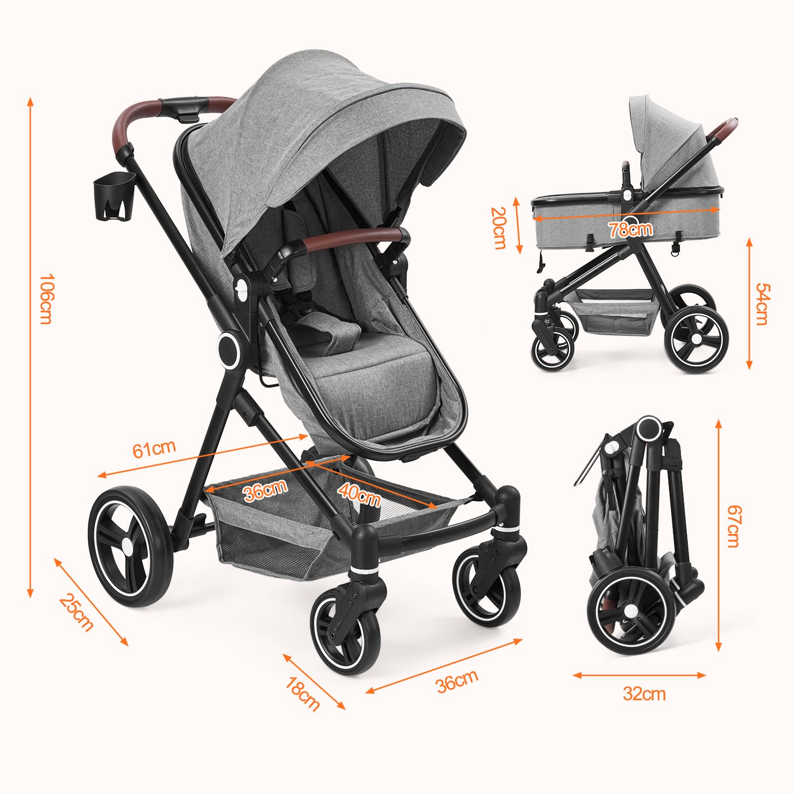 Poussette 2 En 1, Poussette Combinée Compacte Légère Pliable Avec Siège Inclinable, Landau Réglable, Poussette Bébé Confort Tout Terrain Haut Paysage, 0-3 Ans