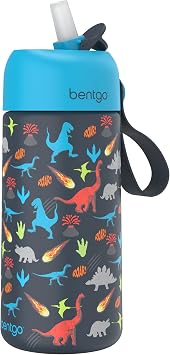 Bentgo Kids Stainless Steel Insulated Water Bottle - Leak-Proof; Keeps Cool for 12 Hours; Durable, BPA-Free, Dishwasher Safe 14 oz. Cup for Ages 3+ for School/Sports/Daycare (Dinosaur)