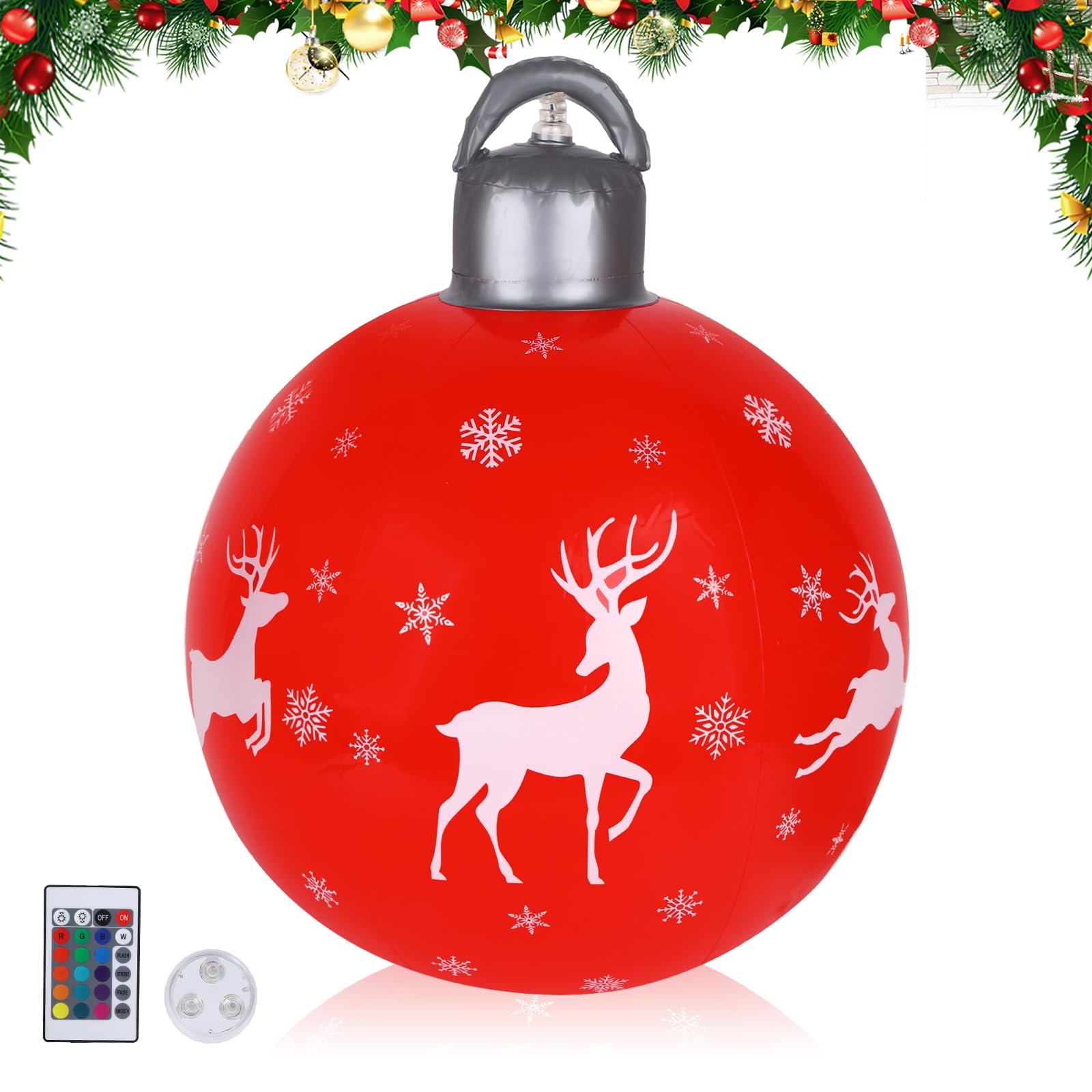 Light Up PVC Giant Christmas Ball 16in with Remote - 16 Colors LED Inflatable Baubles Xmas Outdoor Yard Decor (Red)