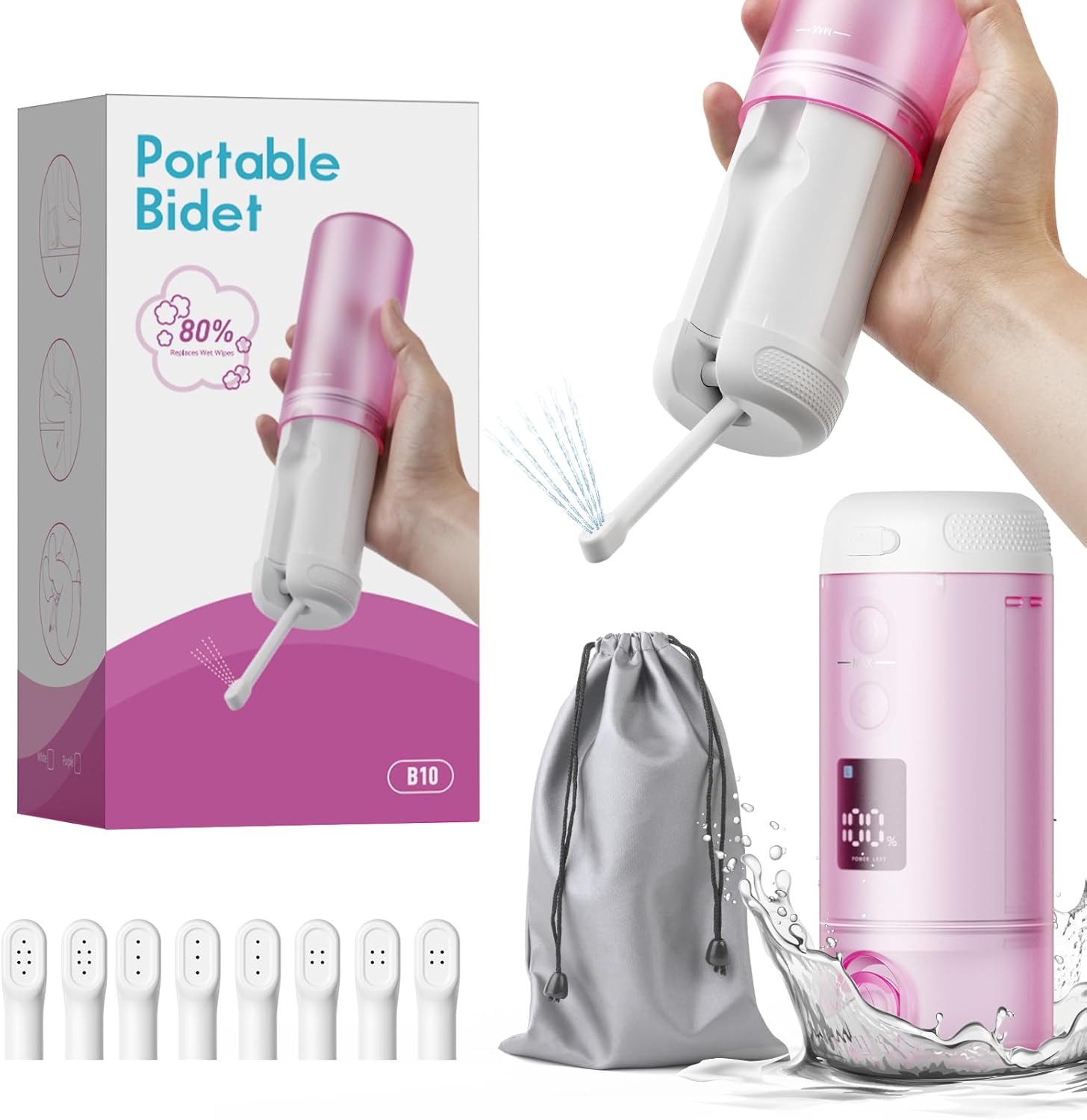 Portable Bidet - 250ml Tank Peri Bottle for Women with 5 Pressure Modes, 8 Replaceable Nozzles and 2000mAh Rechargeable Battery for Travel and Postpartum Use (Purple)