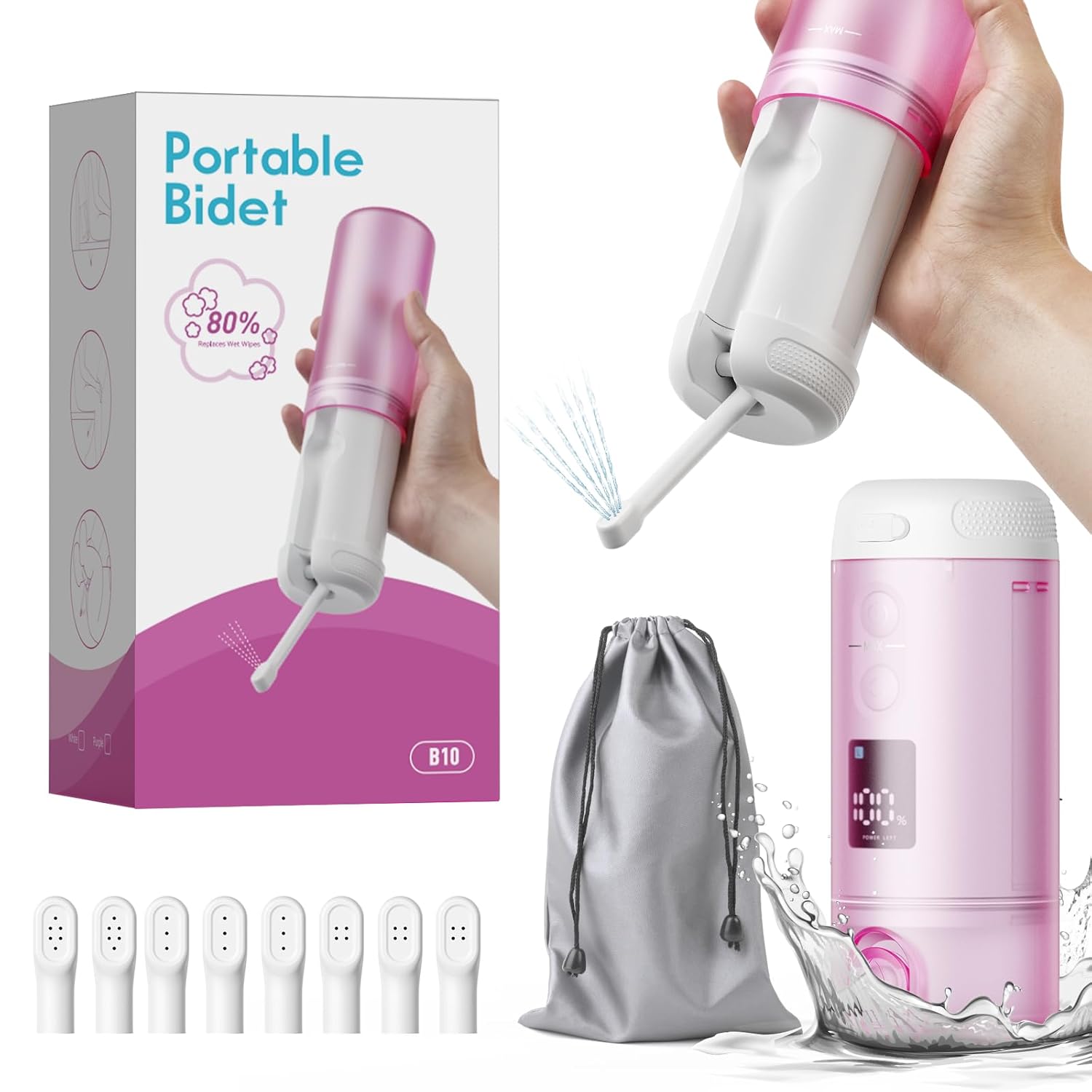 Portable Bidet - 250ml Tank Peri Bottle for Women with 5 Pressure Modes 8 Replaceable Nozzles and 2000mAh