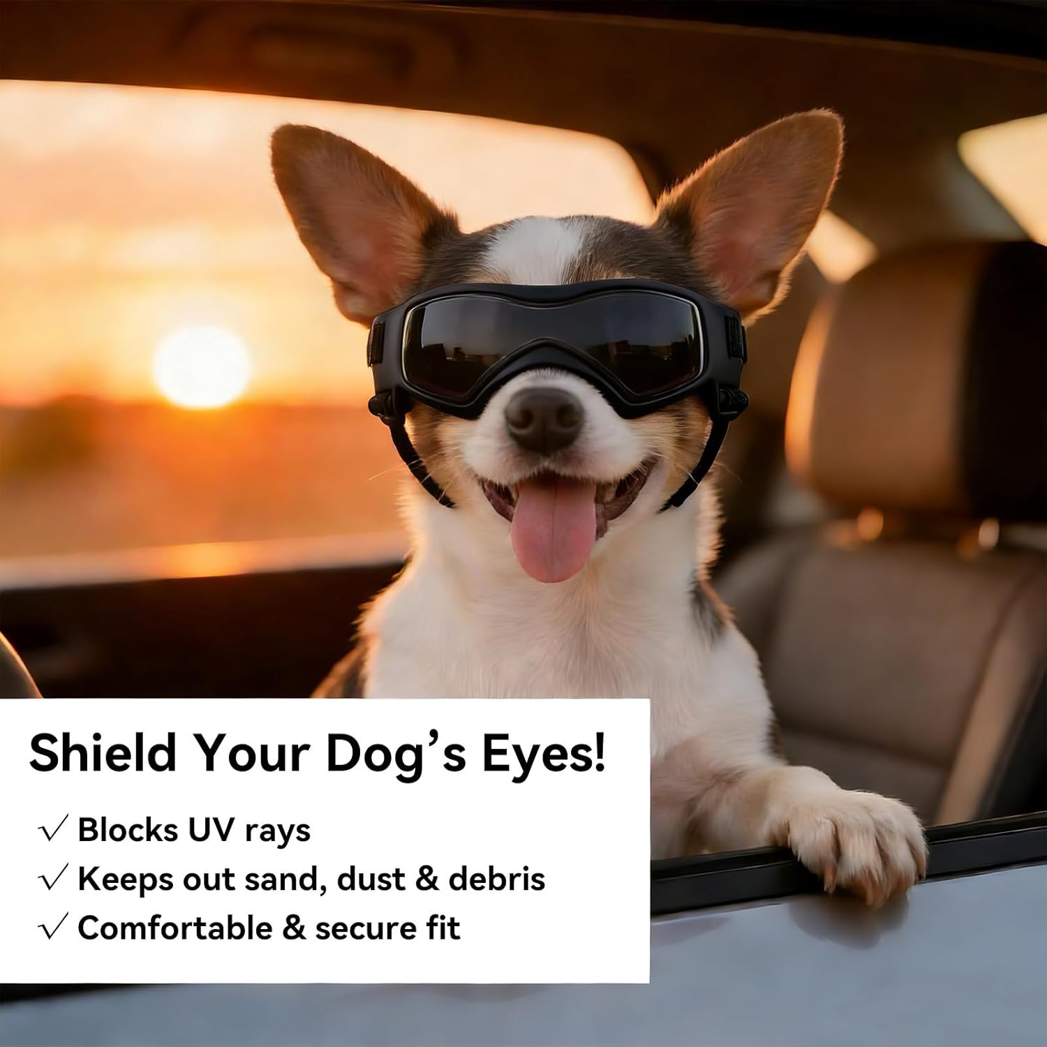 Dog Sunglasses for Extra Small Breed UV Protection Windproof XS Dog Goggles with Adjustable Head & Chin Straps for Ride Car/Hiking Travel/On Beach-Black