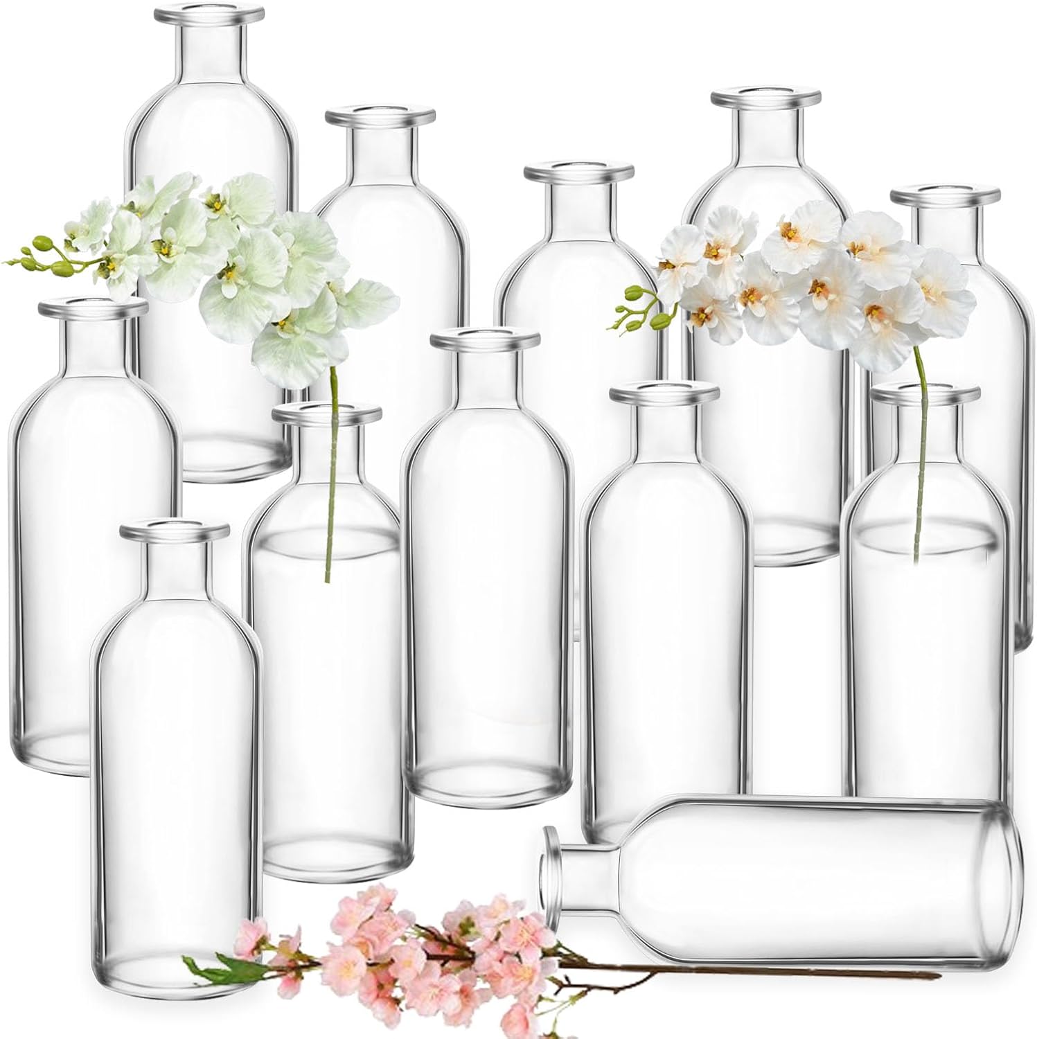 Nexboraque 12 Pack Glass Bud Vases, Clear Small Vases in Bulk Decorative Glass Flower Bottles for Table Centerpiece, Home Decor, Office, Wedding Reception