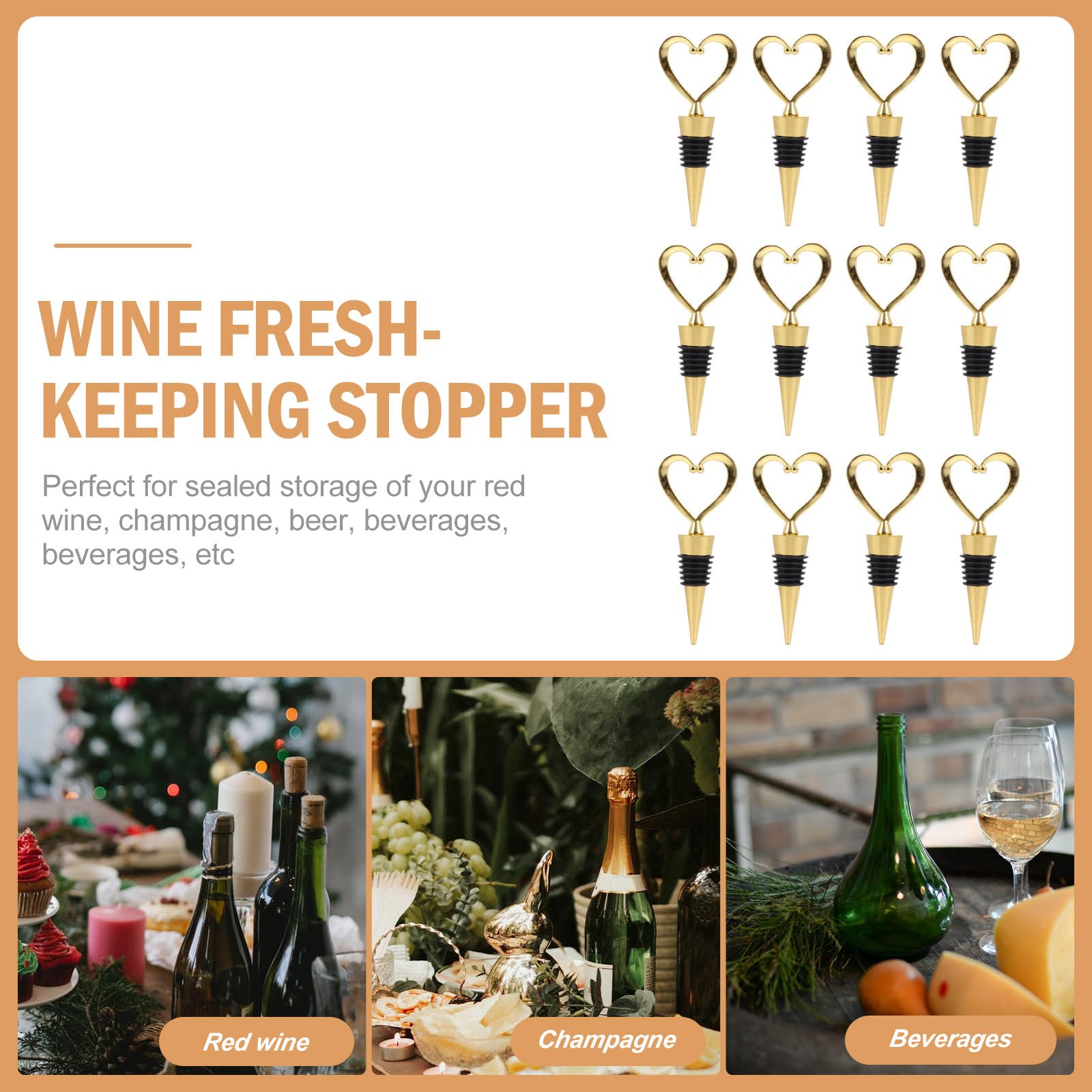 TOYANDONA Tapones de Vino de Aleación Forma de Corazón Dorados 12 Unidades Tapón Hermético para Mantener Frescura Accesorios para Botellas de Vino Conservación y Cócteles