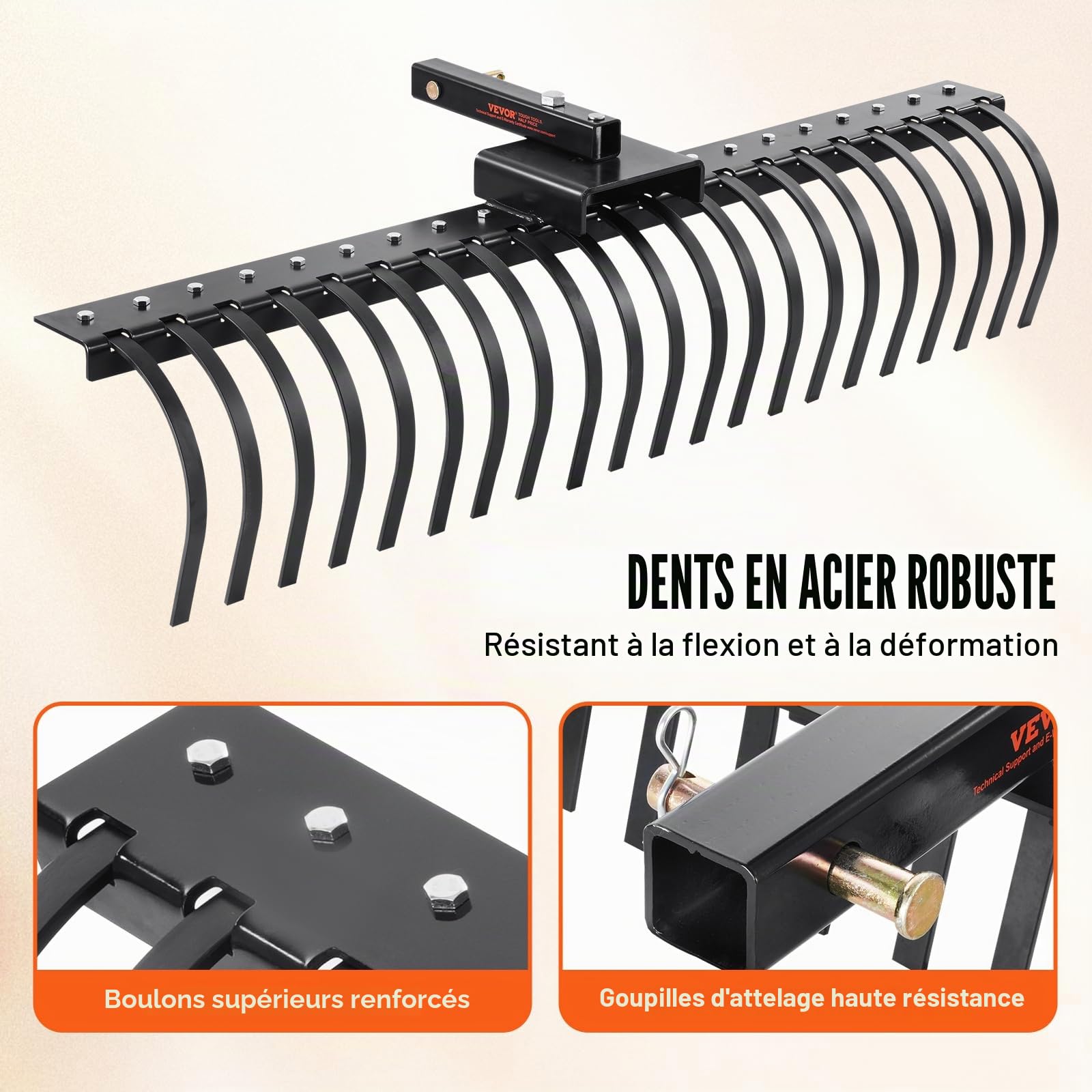 VEVOR Râteau paysager remorqué, 1524 mm, râteau déchaumeur avec 21 dents bobine acier, râteau pour barres d'outils 1219-1524 mm et système suspension à 3 points, pour feuilles, aiguilles de pin, herbe