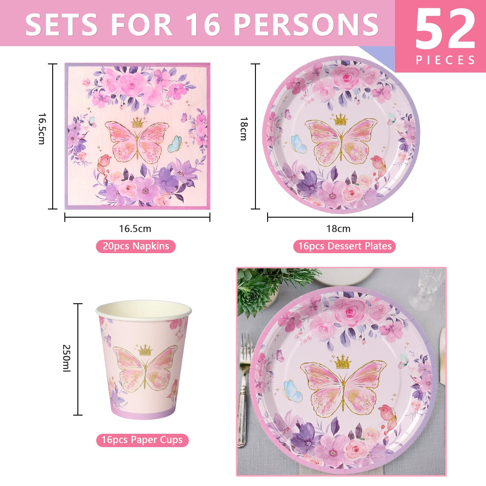 Set 52 pezzi tema farfalle lavanda Piatti, bicchieri e tovaglioli per decorazione compleanno magica con motivi floreali, per 16 ospiti