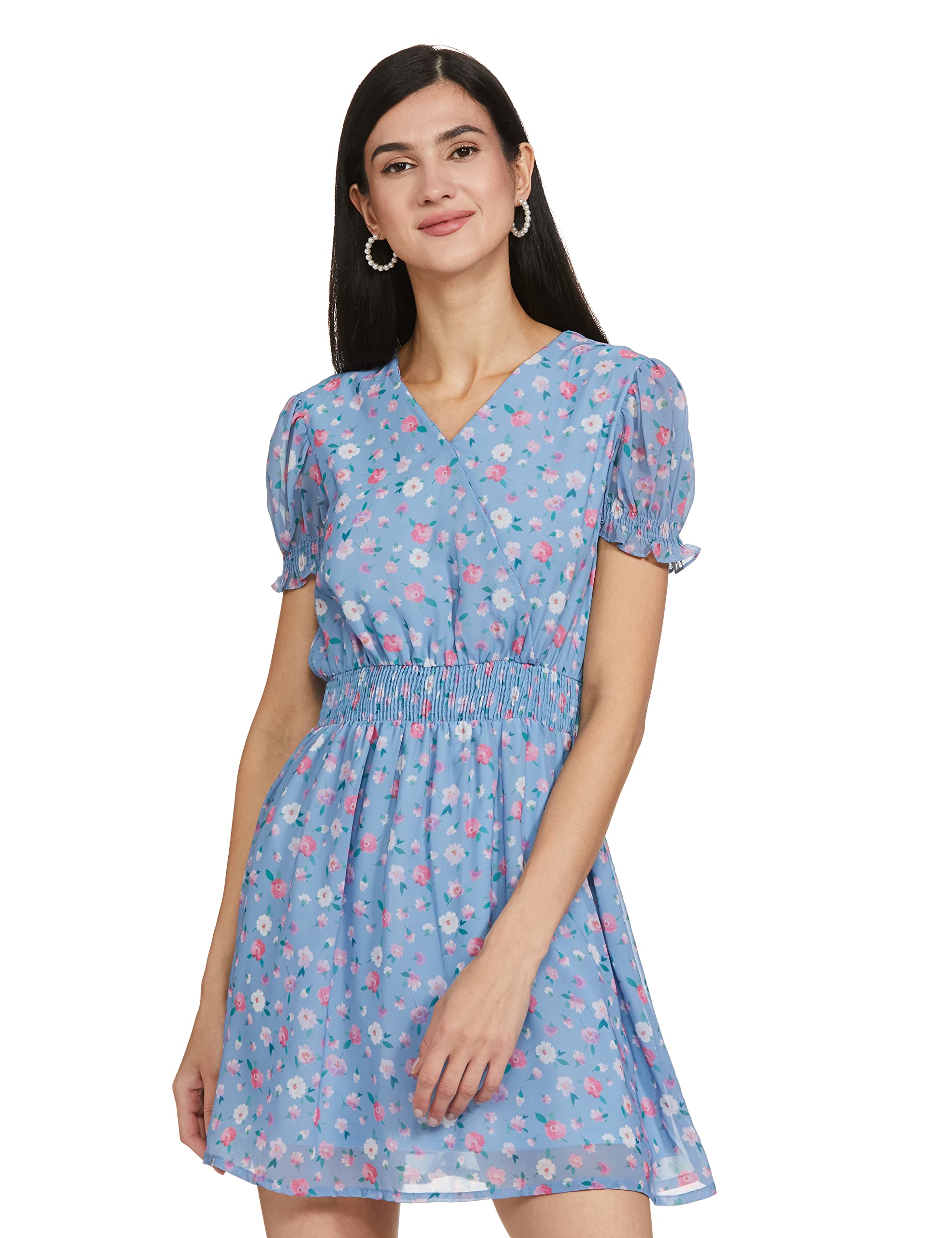 FabAlley Women Blue Floral Smocked Ruffled Skater Dress