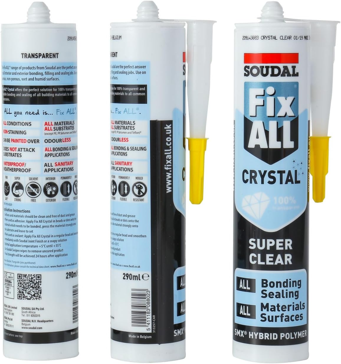 Soudal Fix All Crystal Adhesive 290ML | All-Purpose Adhesive | Strong Bond | Multi-Surface Use | Weather Resistant | Flexible & Durable | Fast Curing | Sealant | 1 unit