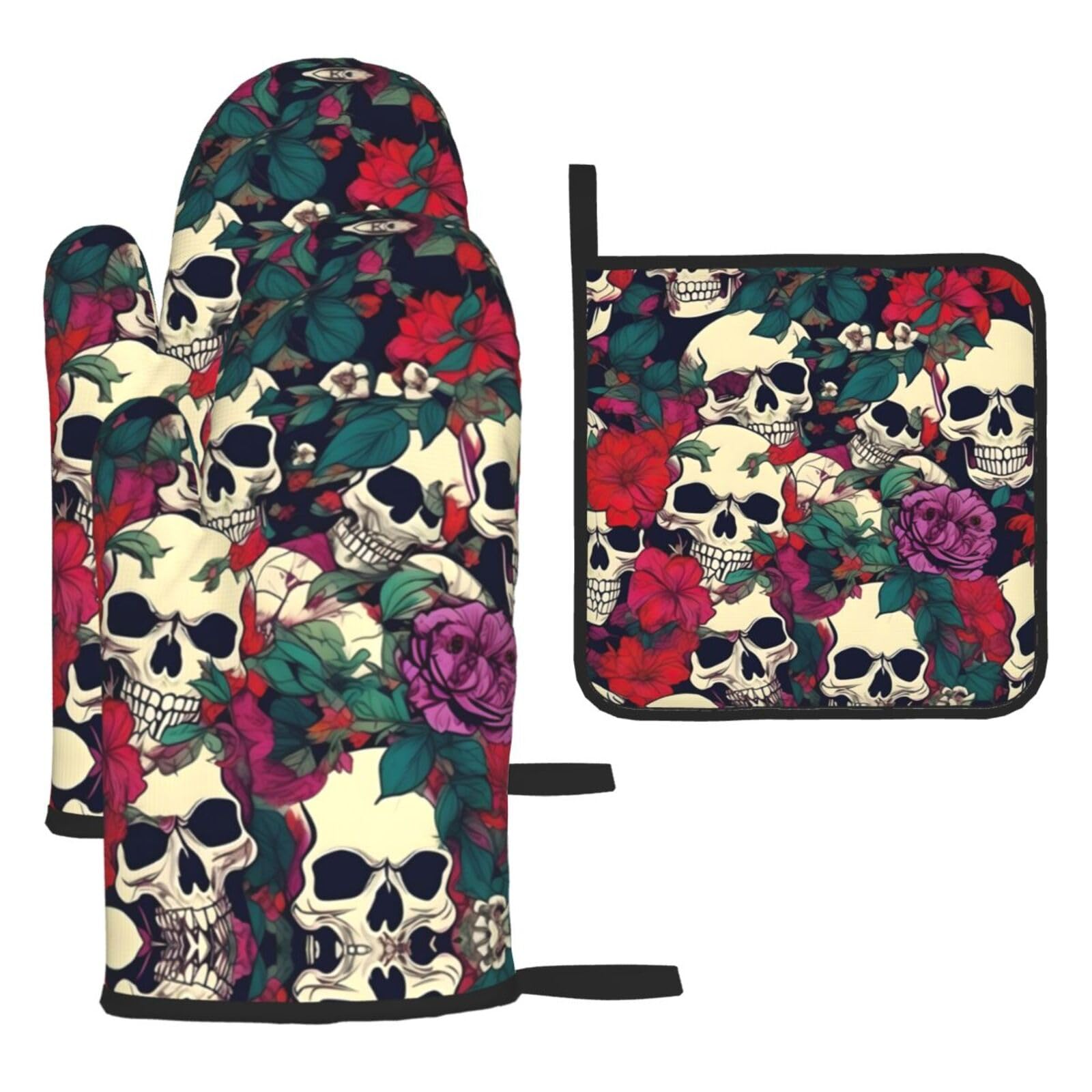 Floral Skulls Print Oven Mitts and Pot Holders,Non-Slip Pot Holders for Kitchen,Thick Potholders for Baking Grilling