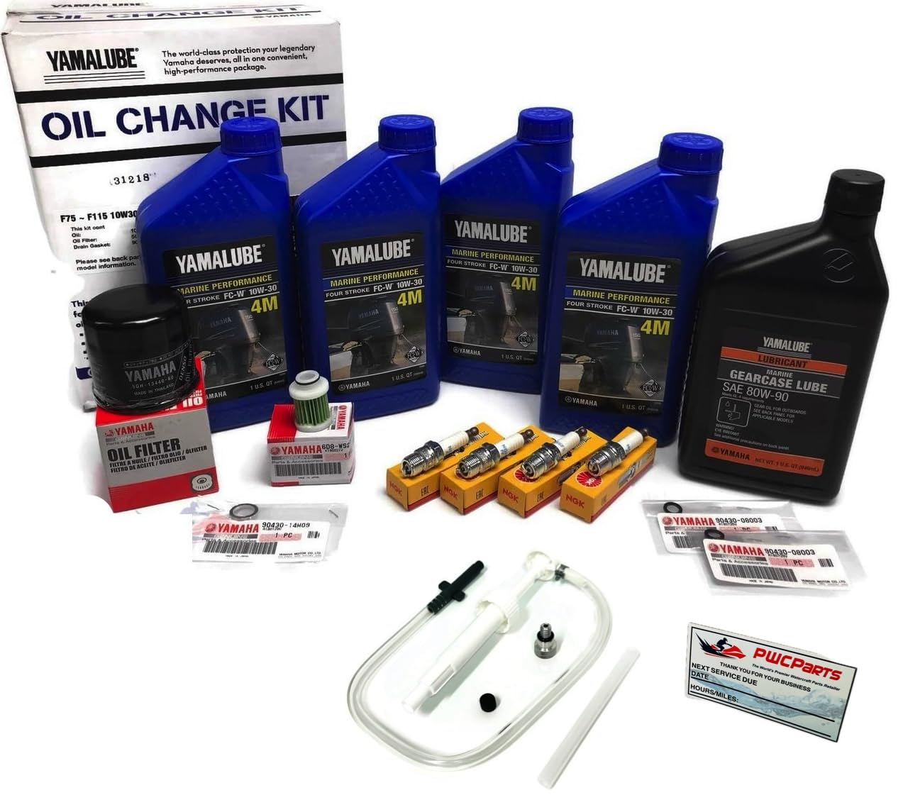 PWCParts 2006-2013 Yamaha F115/F115A Outboard Maintenance Kit, 4 Qt. 10W30 FC 4M Oil, Fuel Filter, Gear Lube, Drain Gaskets, NGK Spark Plugs, Lower Unit Gear Lube Pump, Oil Reminder Decal