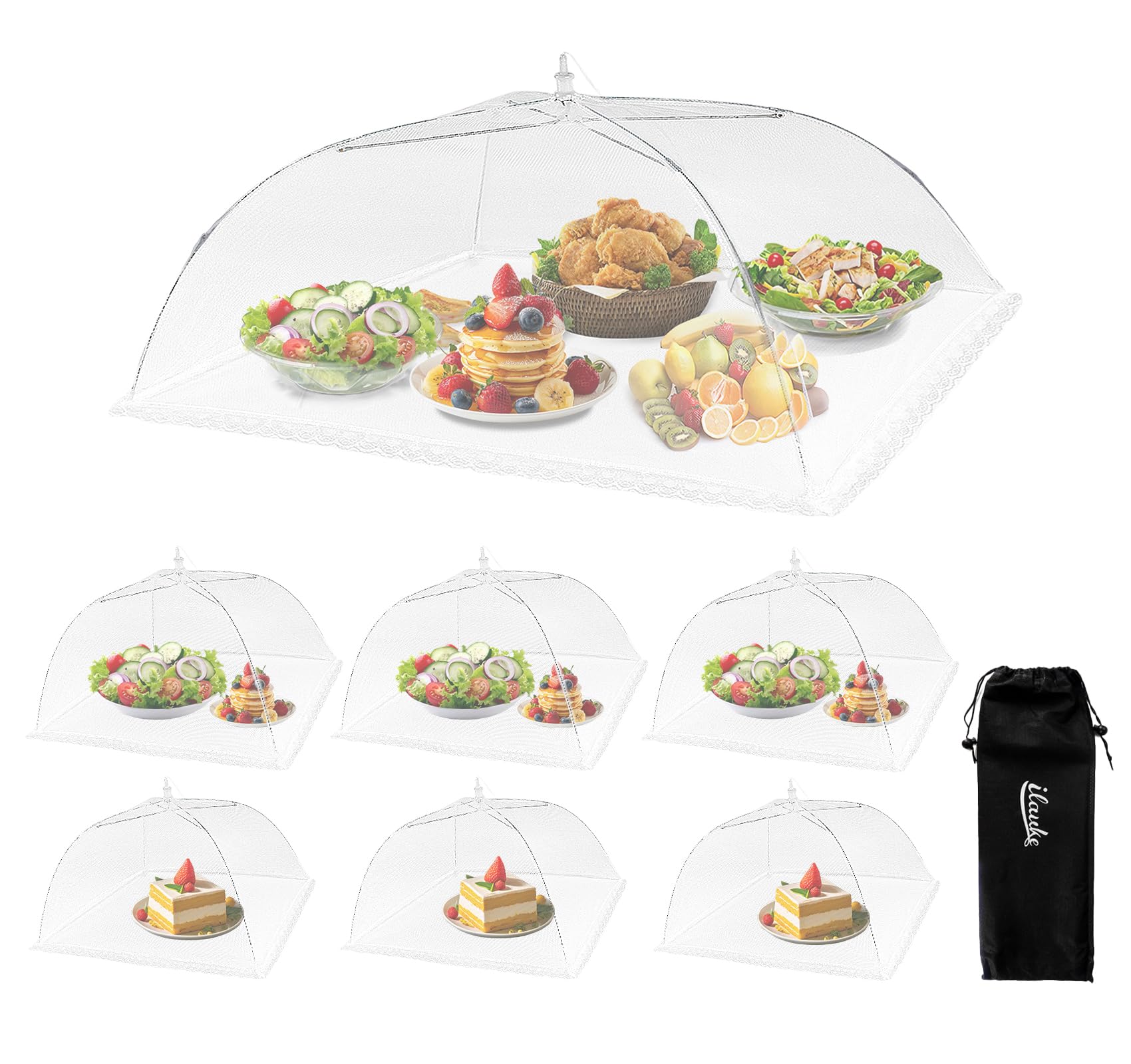 ilauke 7 Pack Food Covers Mesh Pop Up, 3 Size Food Fly Net Cover(1 Extra-Large 24"×40" & 3×17"&3×17"),Food Net Cover Foldable for Outdoor Picnic, Camping, BBQ, Reusable Food Dome with Storage Bag