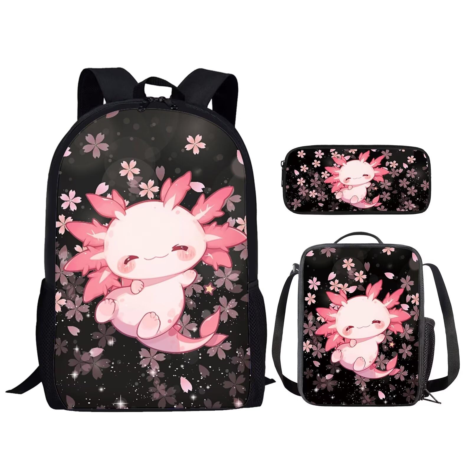 HELLHERO Kawaii Axolotl Backpack for Girls 6-8 10-12 Cherry Blossom School Bag with Lunch Box Pencil Case Teen Schoolbag Kids Bookbag Set Elementary School Backpacks Kindergarten Preschool Back Pack
