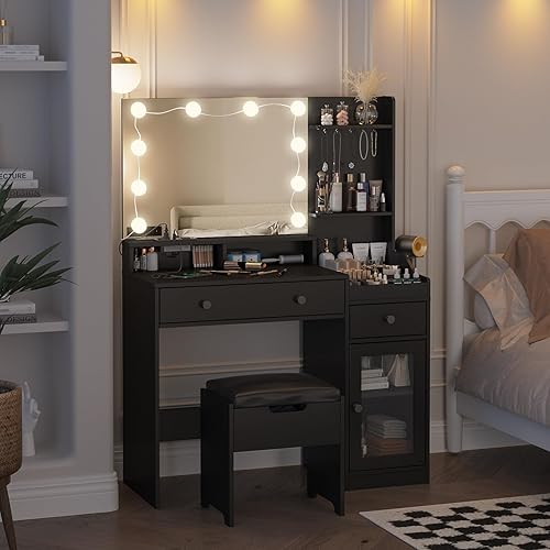 Miniatura 8 de Vabches Tocador con espejo y luces, mesa de maquillaje con estación de carga, tocador con taburete y 3 compartimentos de almacenamiento, 3 modos de