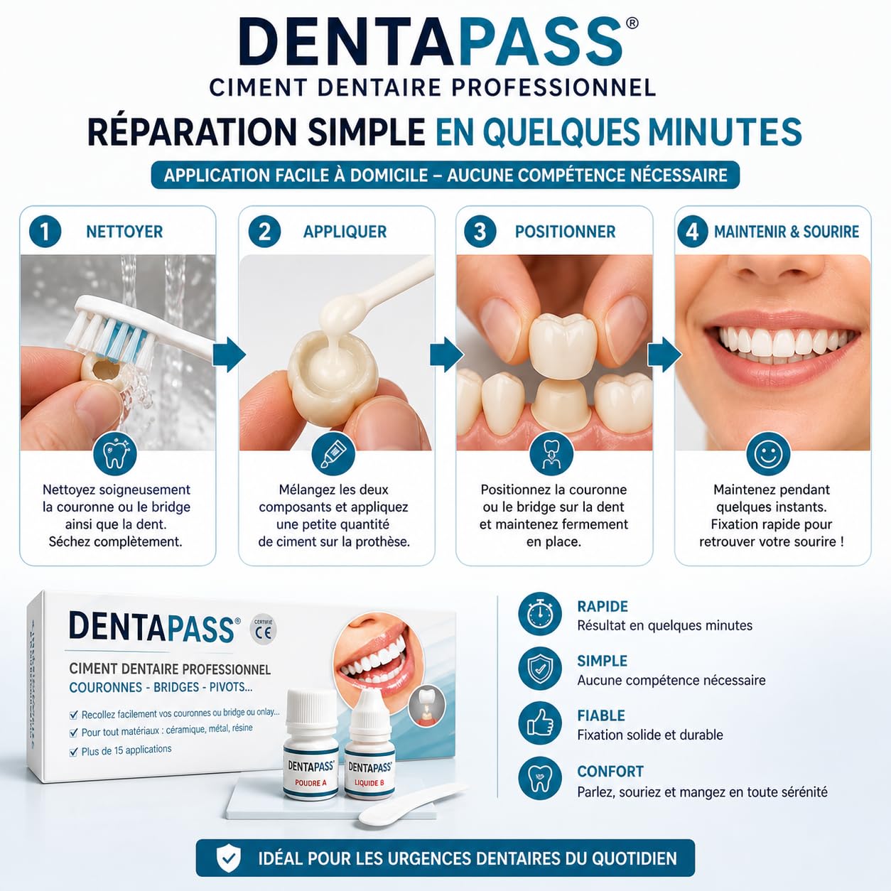 Ciment Dentaire | Colle Dentaire Pour Couronne, Bridge, Dent sur Pivot | Qualité Professionnelle | 15 Utilisations | Application Facile | Certifié CE | Entreprise FR