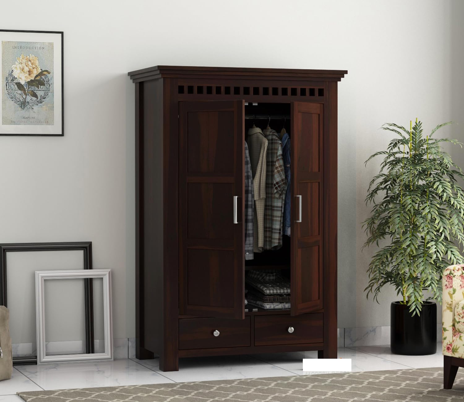 Wooden 2 Door Wardrobe for Clothes with 2 Drawer 2 Shelf Storage & Hanging Space - Sheesham Wood Almirah for Bedroom - Solid Wood Large Cupboard (Walnut Finish)-image-10