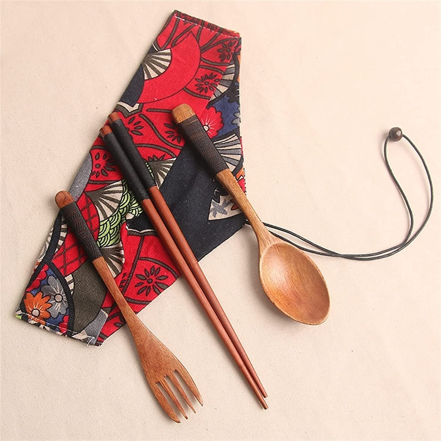 Juegos de cubiertos portátiles Juegos de cubiertos de madera Camping al aire libre Viajes Picnic Vajilla Vajilla Cuchara Tenedor Palillos Juegos de cubiertos mixtos con bolsa de tela (3 piezas B)