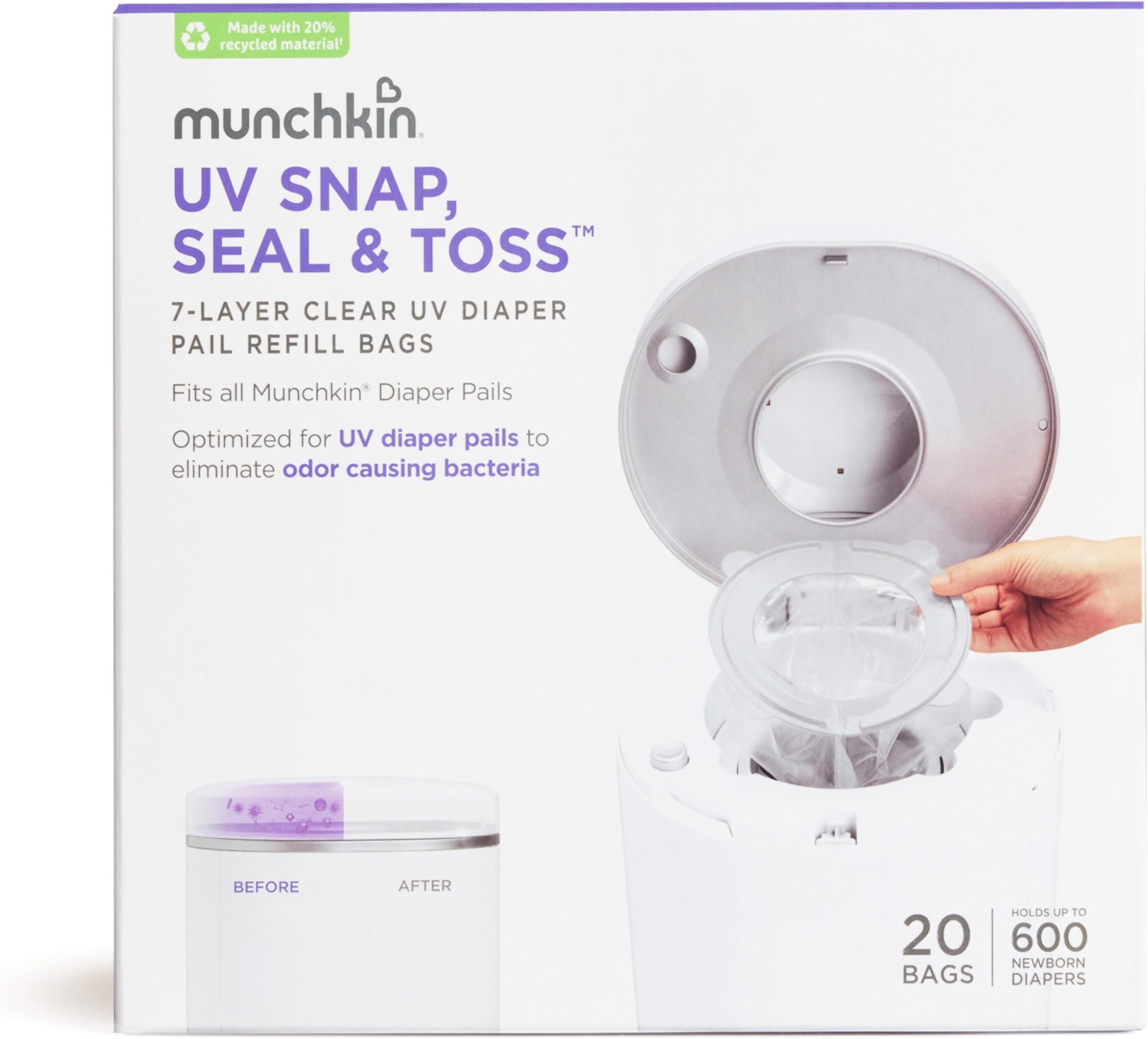 UV Snap, Seal & Toss Diaper Pail Refill Bags, Holds 600 Diapers, 20 Count
