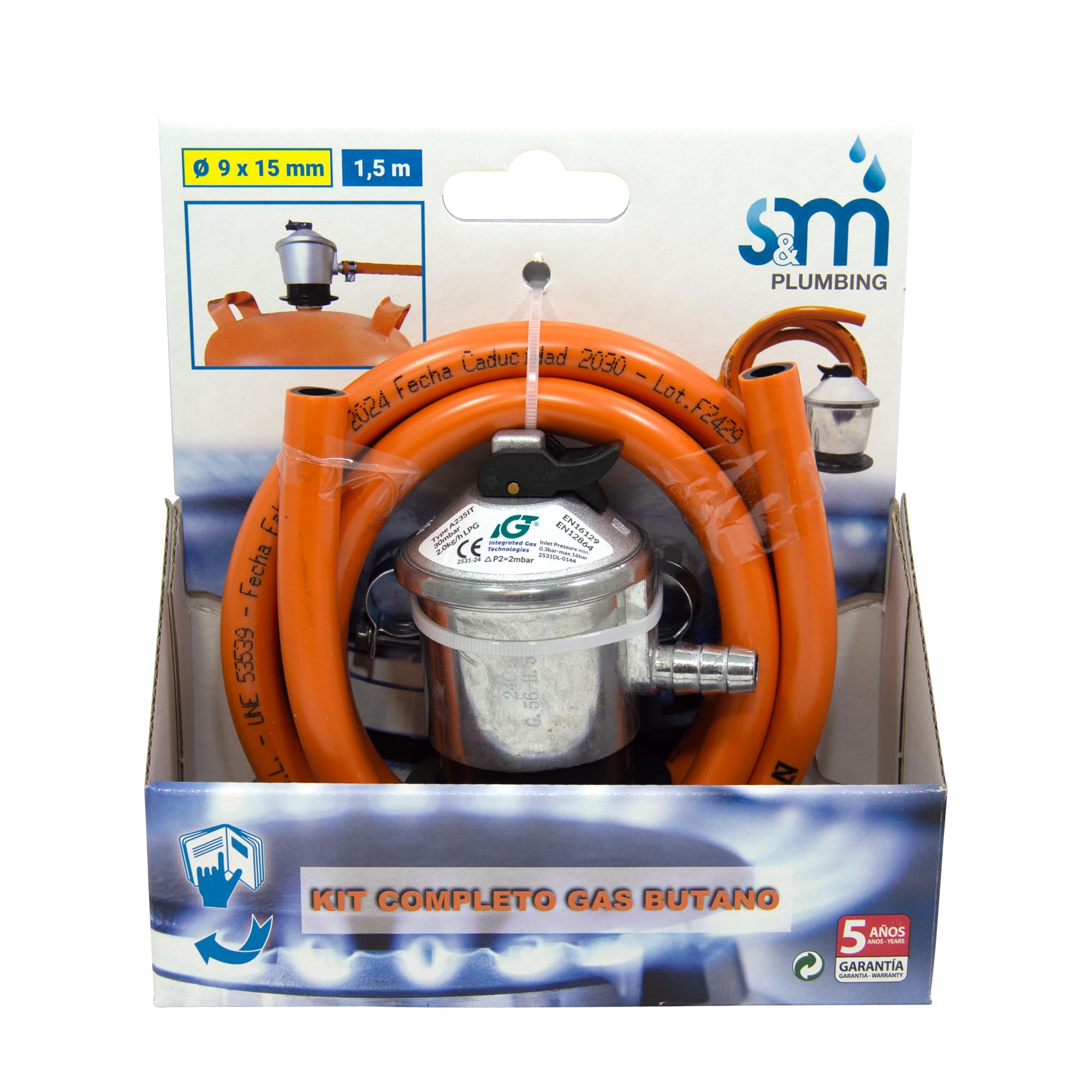 S&M 321771 - Kit completo butano: Regulador de gas butano + Tubo Goma 1,5 metros + 2 abrazaderas de seguridad | Homologado para España | Apto para cocinas, estufas, calderas y barbacoas