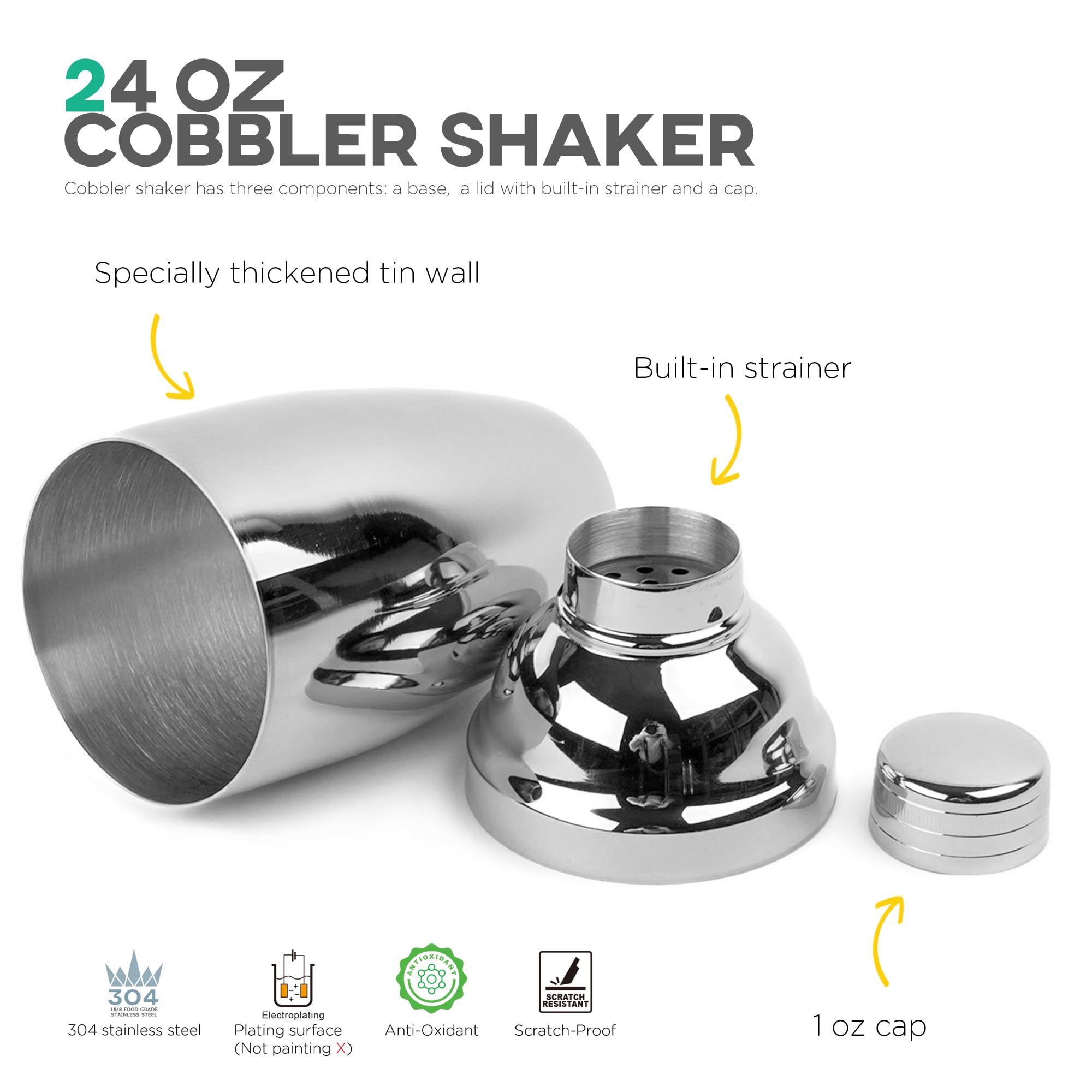 Homestia Juego de coctelera de 8 piezas, coctelera de acero inoxidable 304, coctelera de 680.4 g, kit de margarita, jigger, colador de malla fina (plateado)