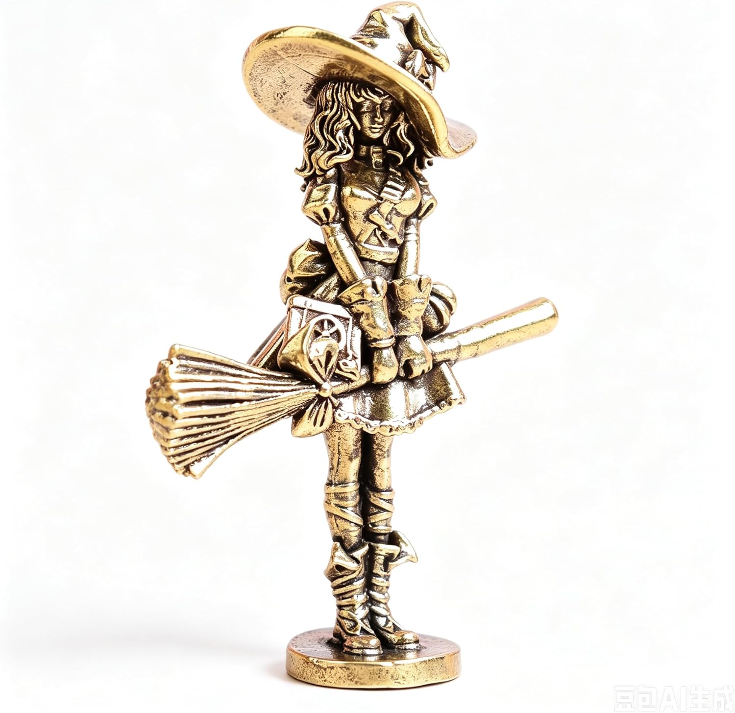 Mini Copper Witch Figurine, 2.56"×1.77" Vintage Brass Witch Statue with Broom, Gothic Metal Ornament for Home Decor, Cake Topper for Halloween Party, Collectible Gift