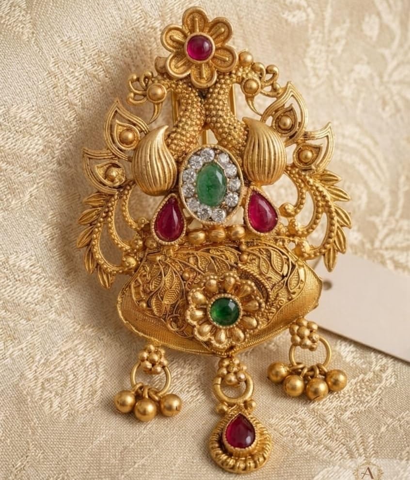 Harishree Enterprise Ethnic Ruby and Emerald Studded Gold-Toned Brooch for Ethnic Gowns-picture-41