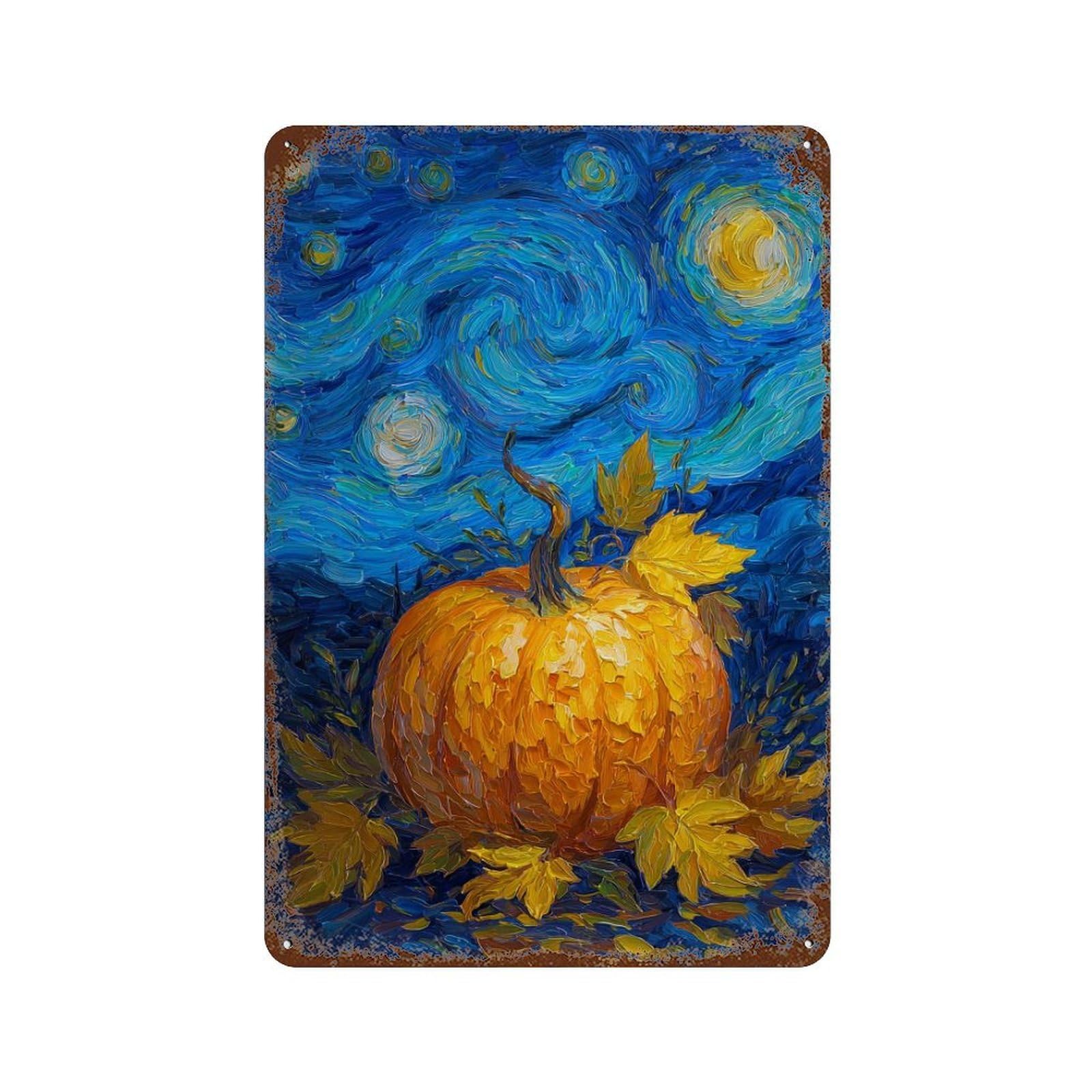 Pumpkin with Autumn Leaves Aged Metal Wall Plaque 11.8"x7.9", for Office, Studio And Wall Decor, Novelty Wall Decor