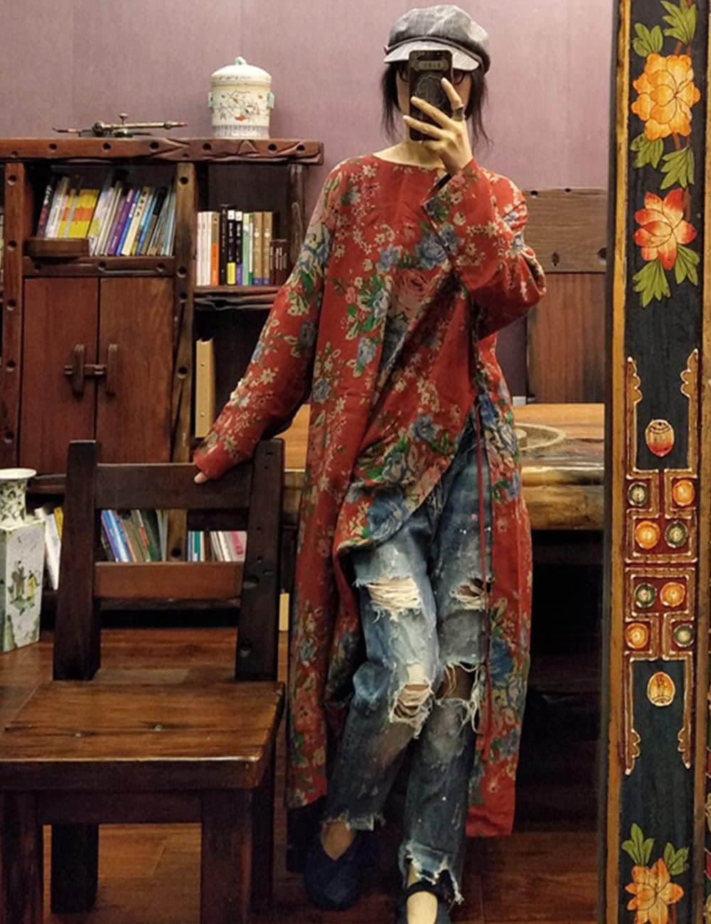 NFYM Women Vintage Floral Print Dress Cotton Long Sleeve Side High Split Drawstring Loose Robe Dress - Image 7