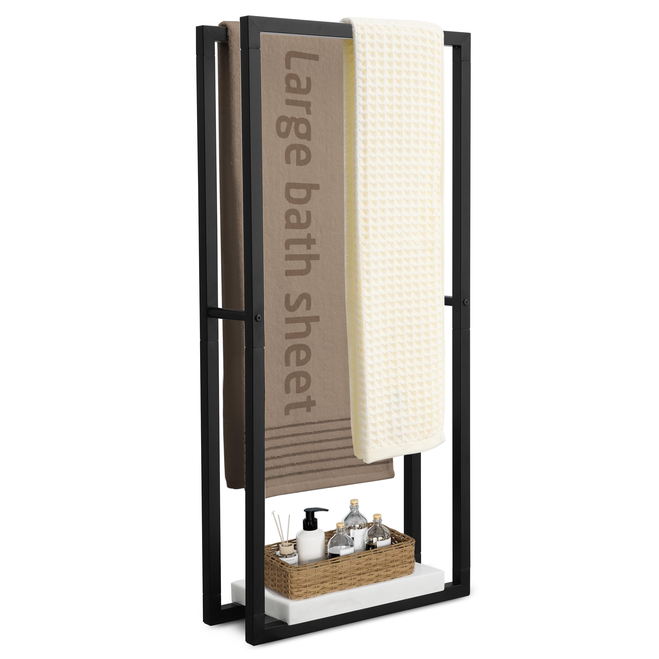 KES Bathroom Free Standing Towel Rack, Towel Rack Stand 42" H 2 Tier with Marble Base for Bathroom Floor, Double Large Bath Sheet Towel Rack Extra High Thick, Matte Black, BTH503-BK