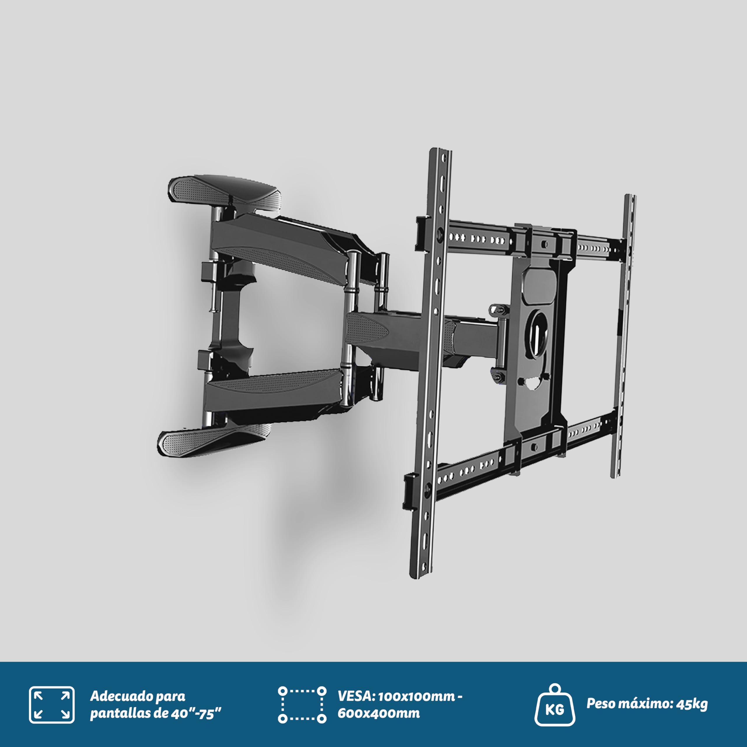 Soporte TV Pared Articulado GRUNKEL SP-60X40AT para Pantallas de 40” a 75”, Ajuste VESA 100x100 mm a 600x400 mm, Inclinación -2° a +10°, Giro Horizontal 100° a 140°, Soporta hasta 45 kg