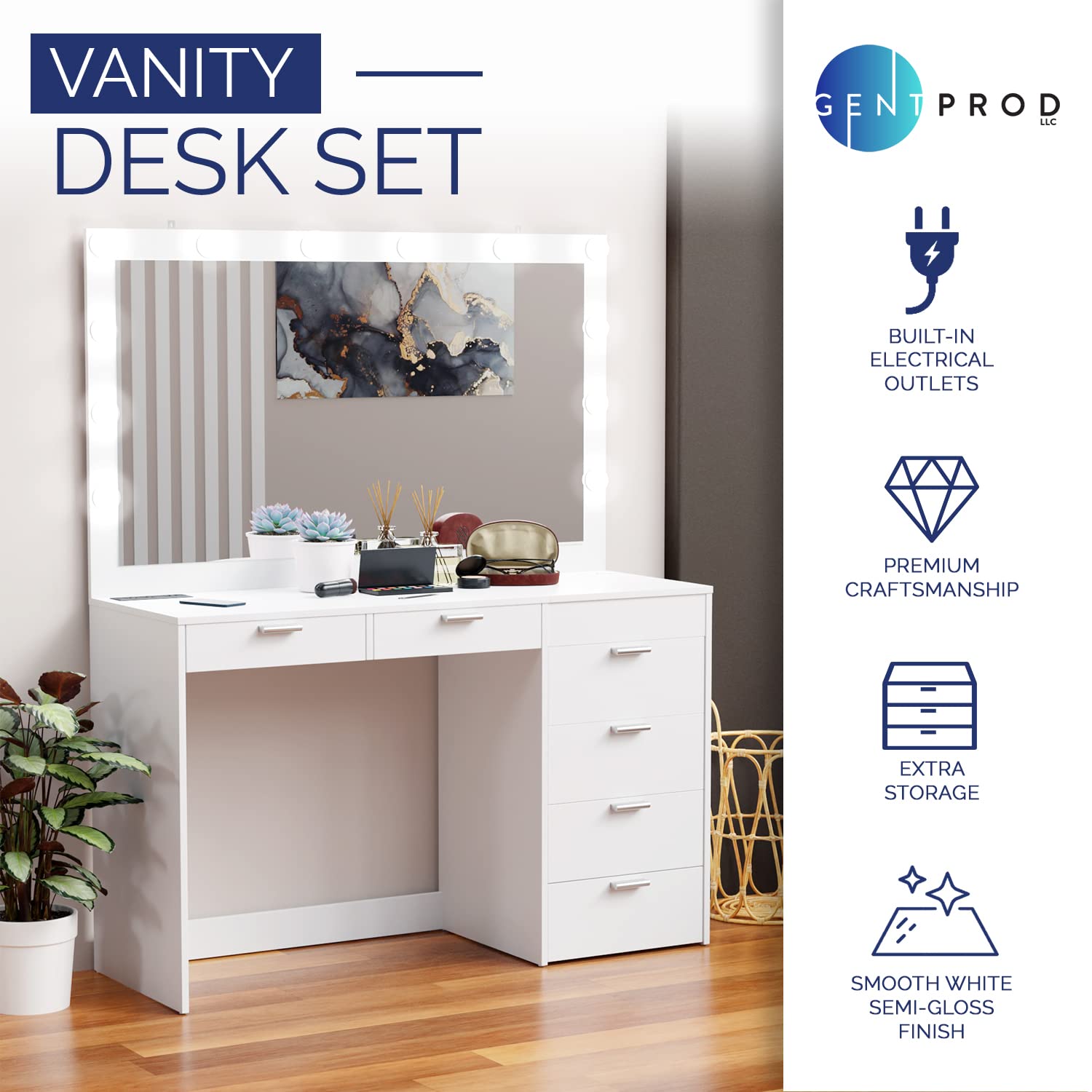GentProd Vanity Desk with Mirror and Lights | Makeup Desk with 7 Drawers of Storage | Includes Charging Station with 2 Outlets & 2 USB Ports | Custom Wall Mount Lights | Tools Included (White)