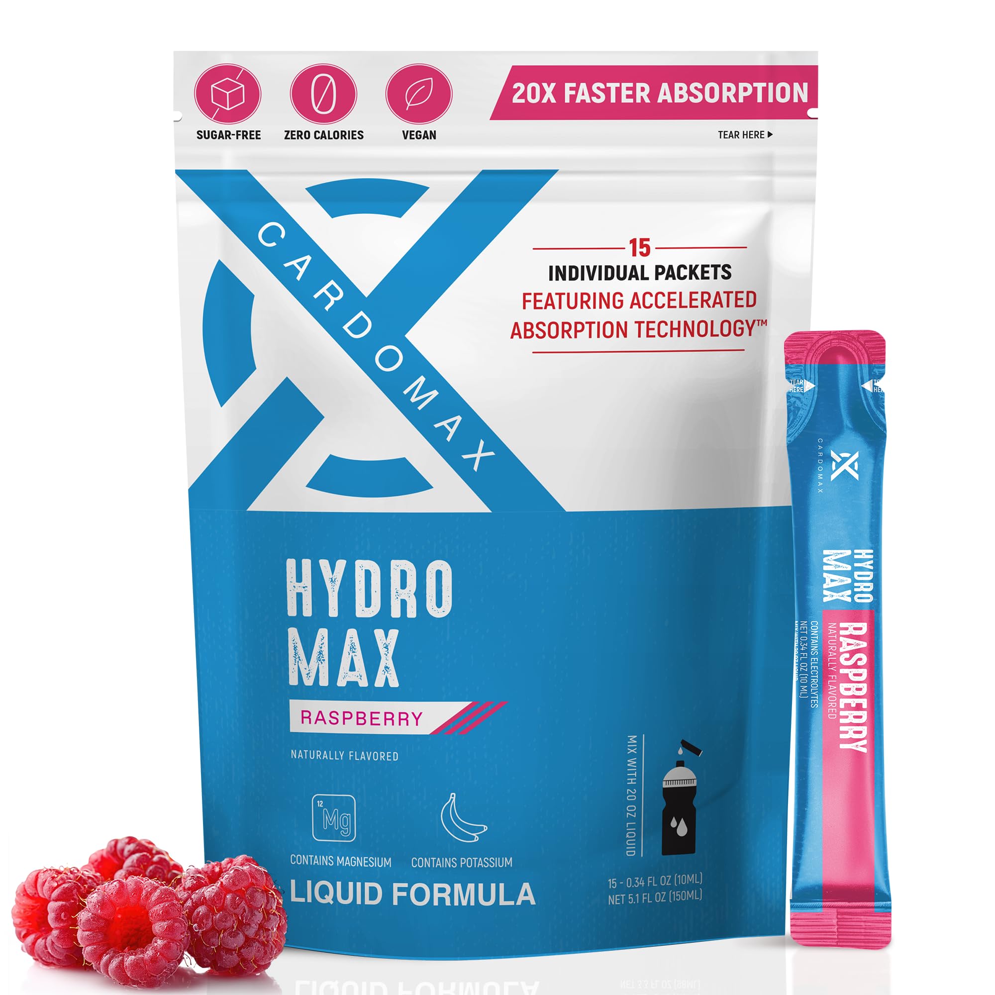 Hydration Packets - Hydromax Electrolyte Drink Mix Packets with Sodium, Magnesium, & Potassium - Vegan & Keto-Friendly, Electrolyte Drink Mix - 15 Liquid Hydration Sticks, Raspberry