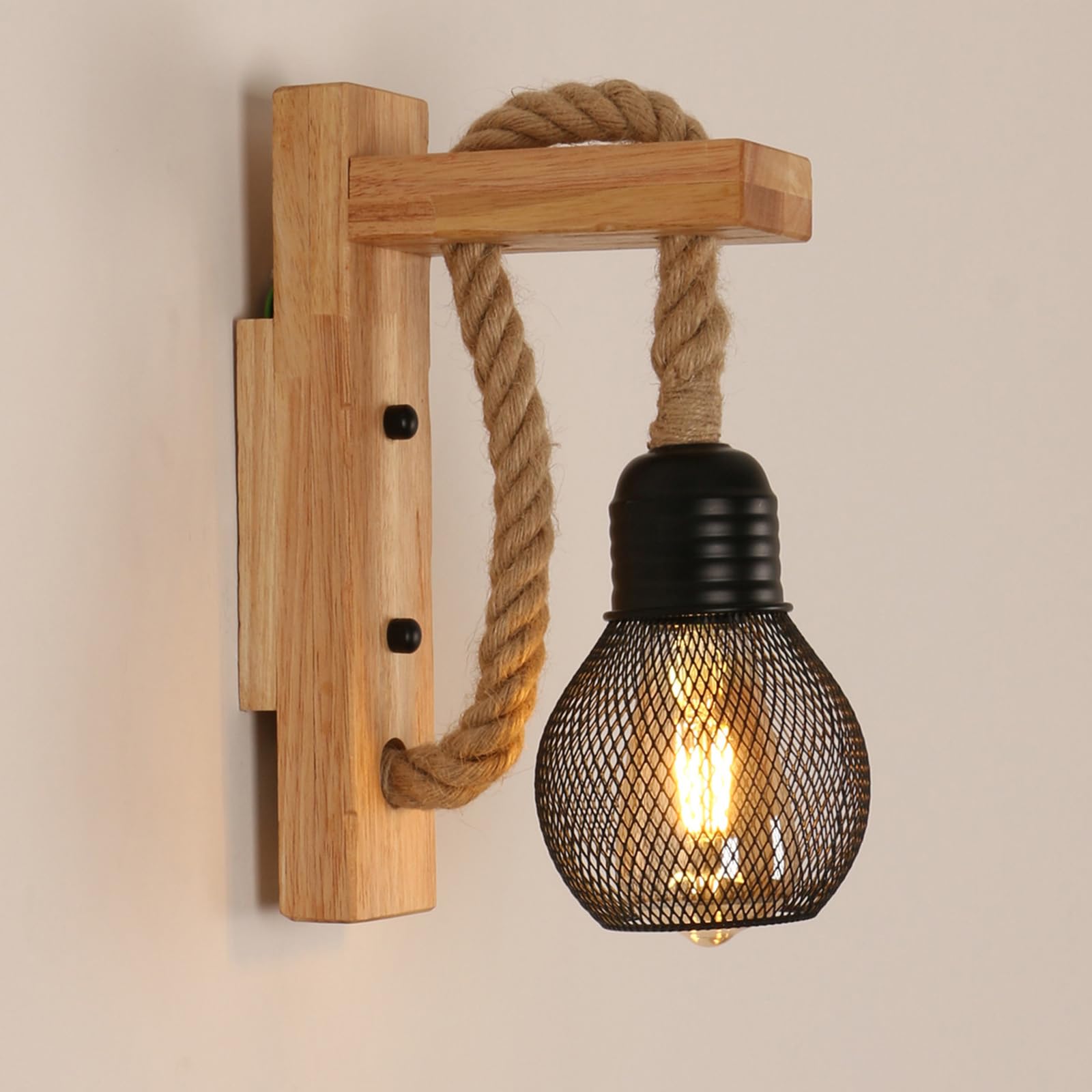 Wooden Wall Lamp Hemp Rope, Industrial Vintage Wall Lamp Shade E27 Retro Wall Light Fixtures for Living Room, Bedroom, Corridor, Bedside Table, Cafe Bar, Black (Without Lamp)