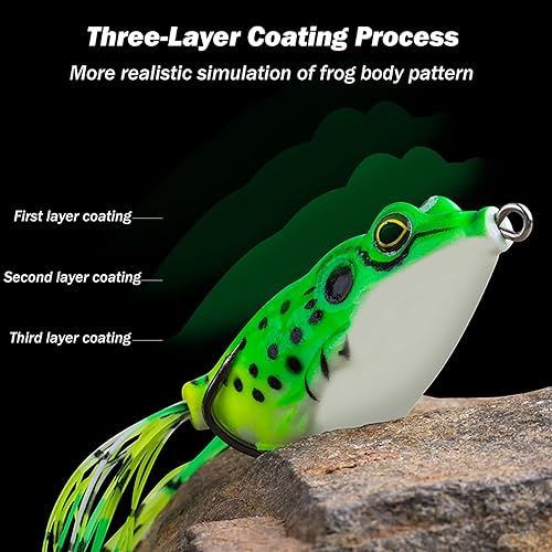 Miniatura 5 de Señuelo de rana Topwater, kit de señuelos de pesca para trucha, señuelos de rana realistas con ganchos sin hierbas, cebo flotante suave para agua
