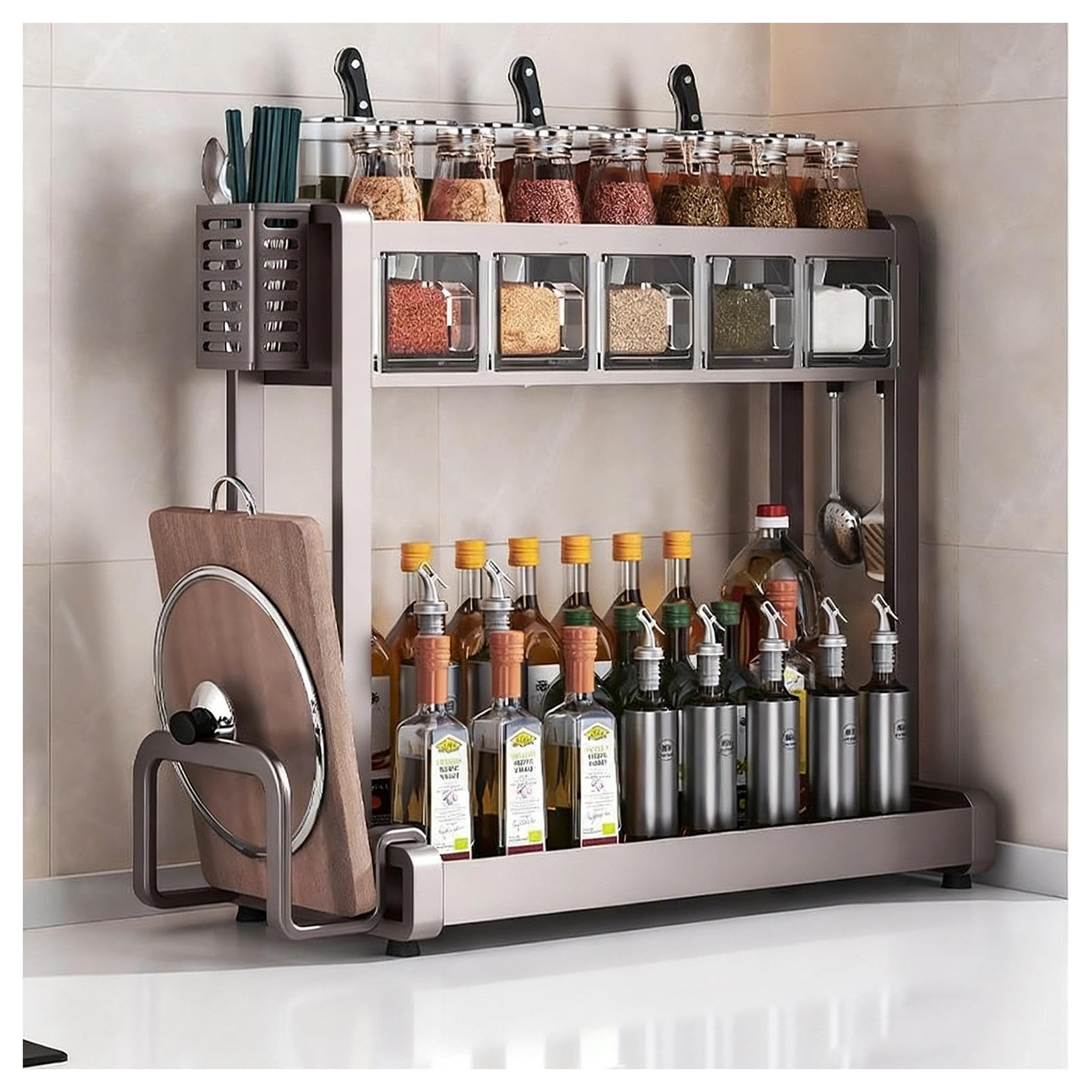 HADECOLL Metal Spice Rack For Kitchen, Organizer With Hooks And Utensil Holders, Storage For Sugar, Salt, Pepper And Oil Bottles,Grey-5 Boxes