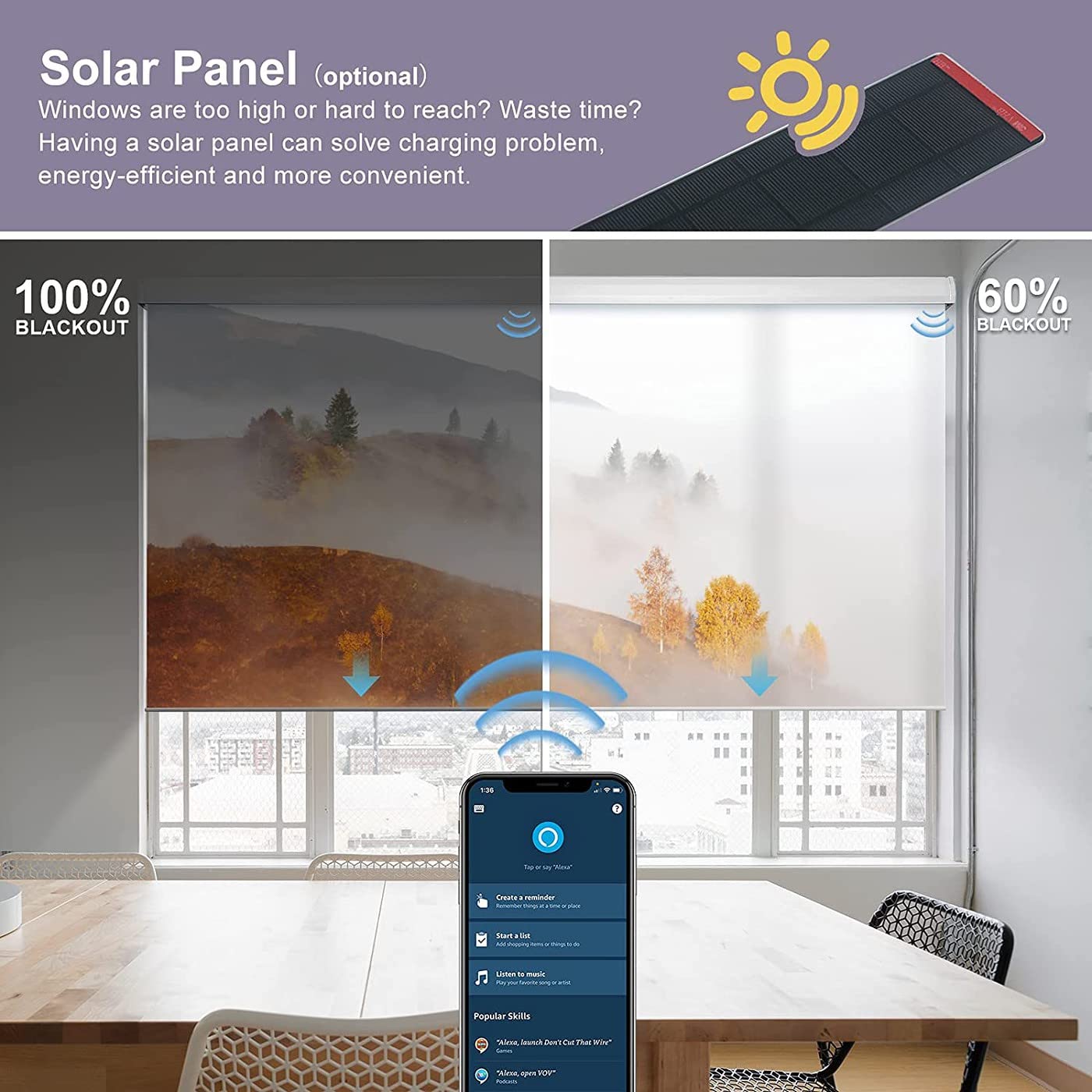 Tende oscuranti motorizzate compatibili con Alexa Google Printed Picture Smart Blinds Remote Rechargeable Electric Window Shade con mantovana Dimensioni personalizzate (Nature-Misty Hills)