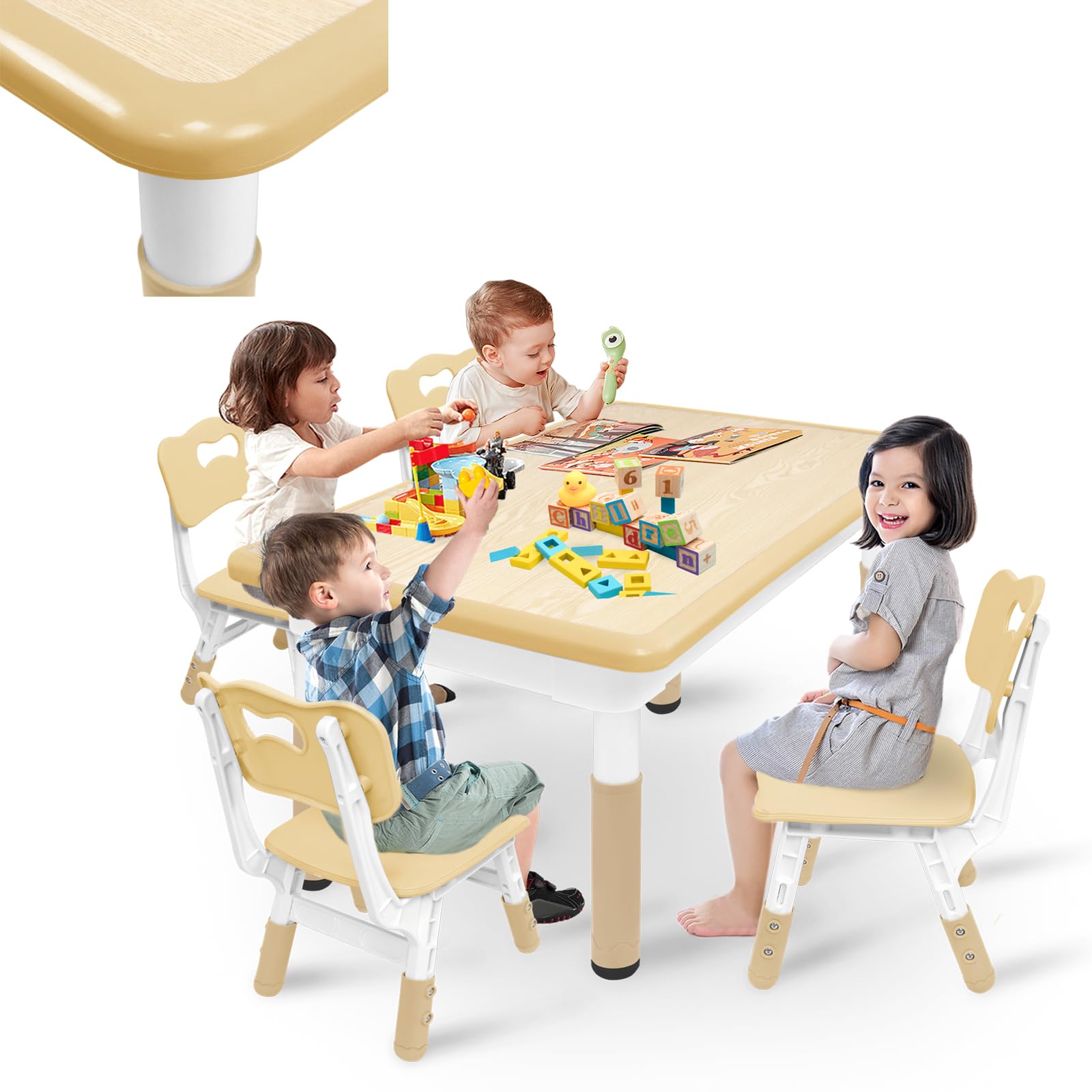 LARS360 Set da Tavolo per Bambini con 4 Sedie Regolabili, Set Tavolo Bambini in HDPE&ABS, Mobili Multifunzionali per Bambini a partire da 2 anni (120 x 60 x 60 cm, Colore Legno)