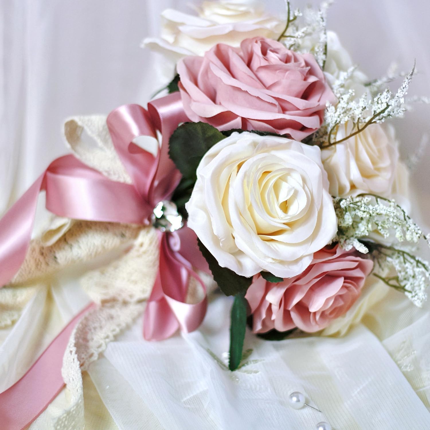 Dusty Pink Wedding Bouquets for Bride Bridesmaid,White Blush Pink Artificial Fake Silk Roses Flowers Bridal Bouquet for Wedding French Vintage Boho Rustic Church Decoration Toss Bouquet (8.6in(M)) - Image 5