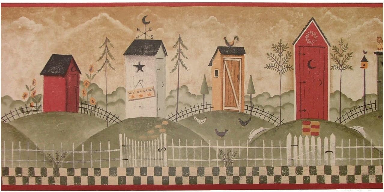 Wallpaper Border Americana Country Outhouse Out House Border Green Tan Reds