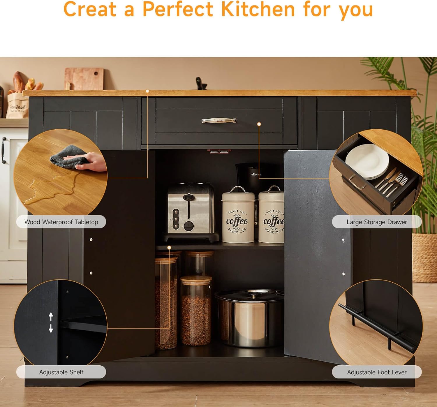 ONBRILL Stationary Kitchen Islands Include 2 Chairs, 47" Kitchen Island with Drop Leaf, Home Bar Table with Spice Rack & with Trash Cabinet, Island Table for Dining Room with Power Outlet, Black