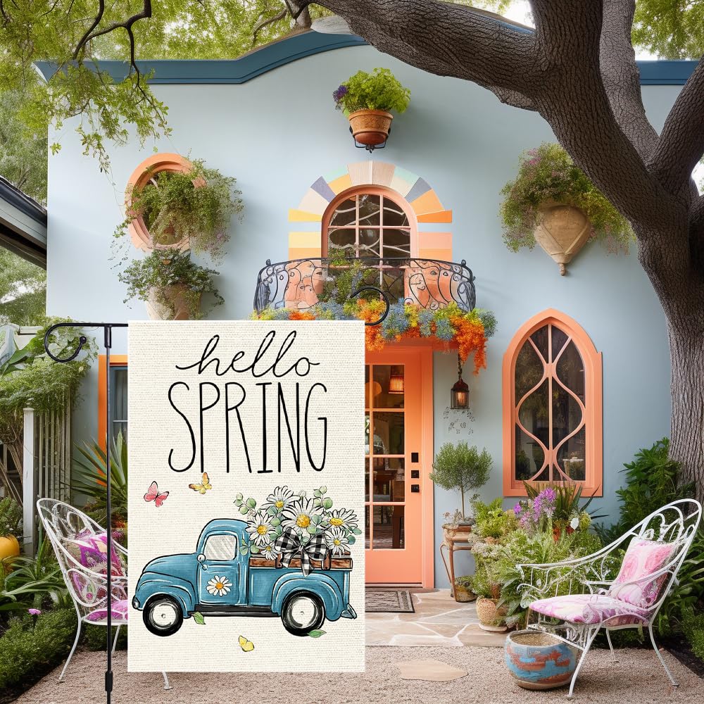 Hello Spring Gartenflagge Aus Jute – 30,5 X 45,7 Cm, Doppelseitig, Bunte Blumen, Wetterfest