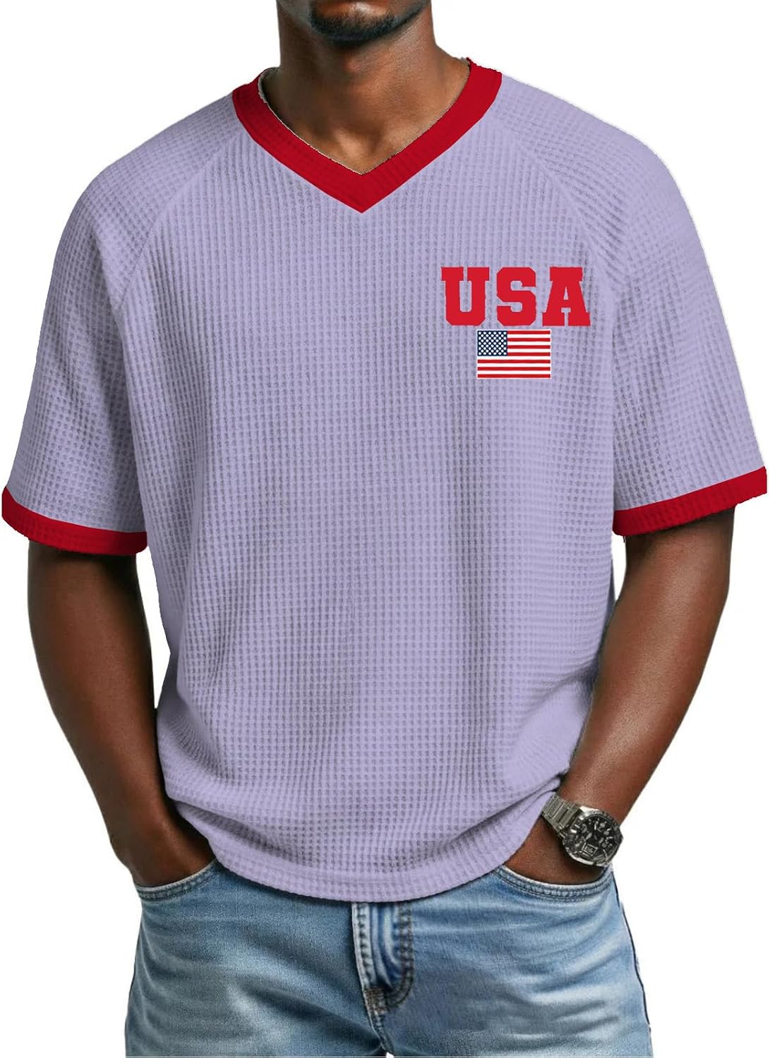 Ymosrh Men's American Flag Shirt Short Sleeve Waffle Knit Independence Day Shirt USA Print T Shirts, M-3XL