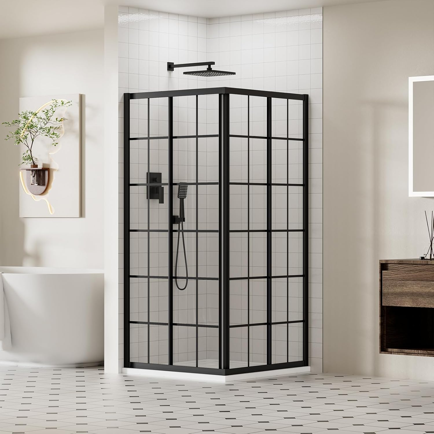 ACE DECOR Corner Shower Enclosure, 36" D x 36" W x 72" H, Double Sliding Corner Shower Door with 1/4" (6mm) Clear SGCC Tempered Glass, Sliding Shower Enclosure in Matte Black Framed Glass Finish