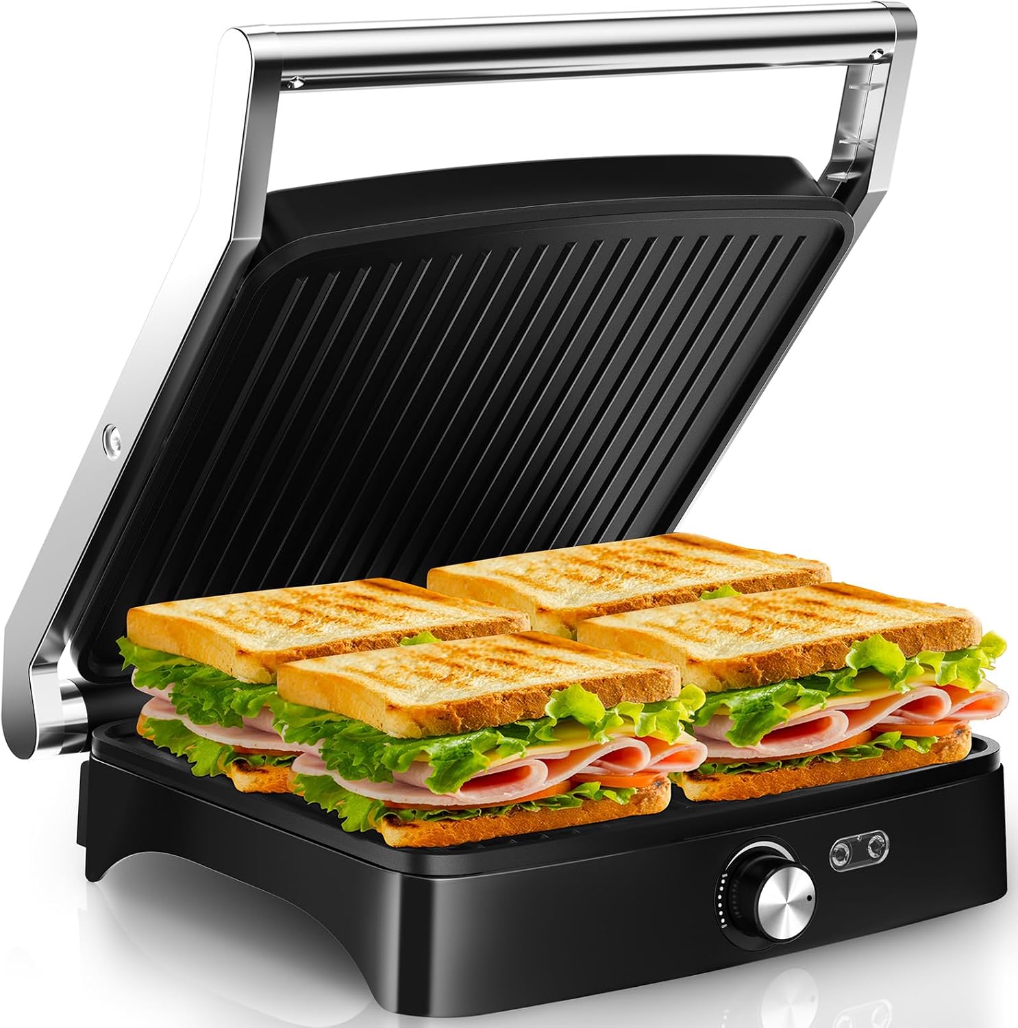 YASHE Grill do Panini 2000W, Toster na 4 Kanapki, Duża Płyta Grillowa z Funkcją Otwarcia na 180°, Regulacja Temperatury, Wyjmowana Tacka na Tłuszcz, Chłodna Rączka