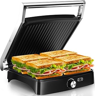 YASHE Piastra Panini 2000W, Tostiera 4 Fette, Griglia Elettrica Apribile 180°, Temperatura Regolabile, Piastre Antiaderenti Non Removibili, Manico Termoisolato
