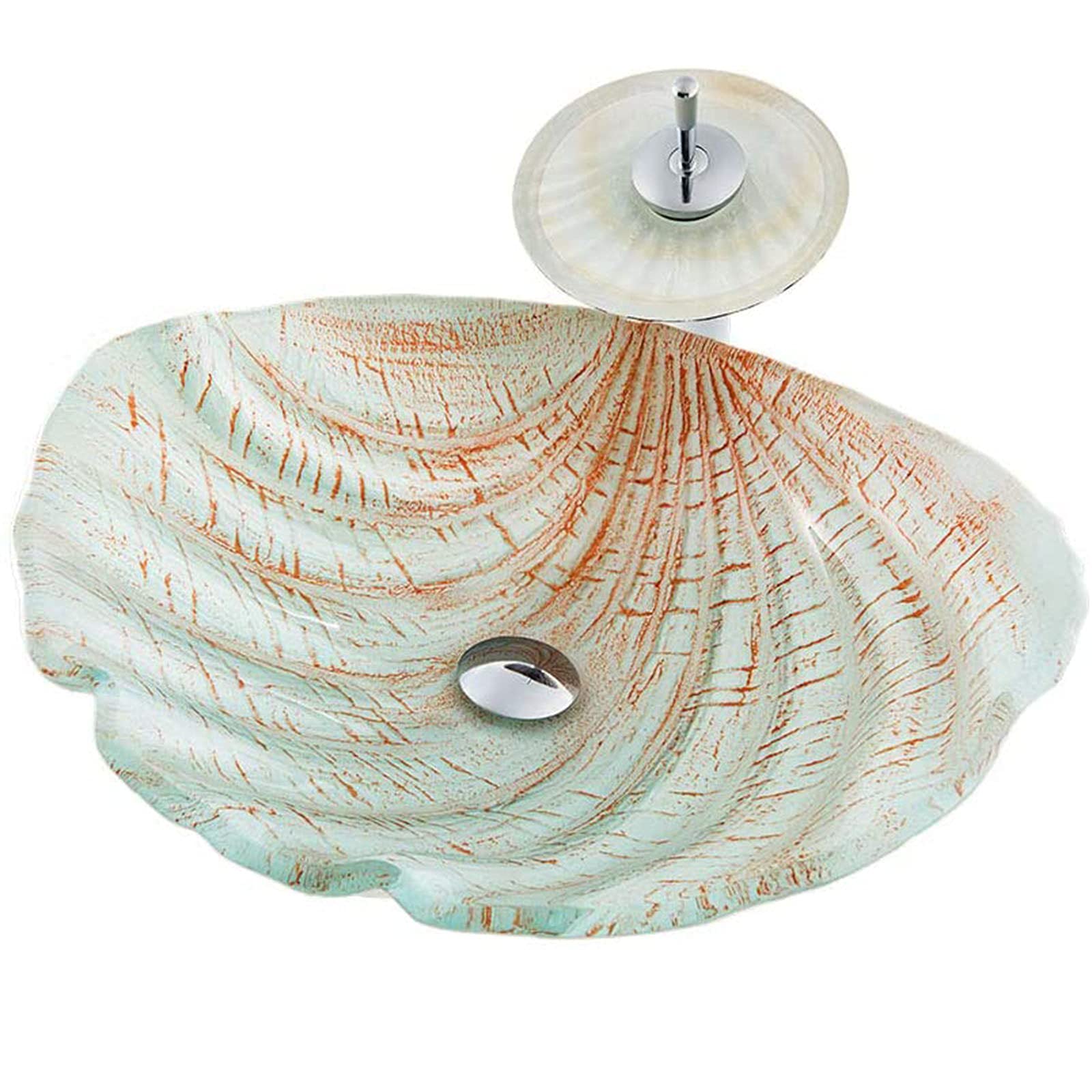 Tempered Glass Countertop Vanity Vessel Sink,Shell Shaped Wash Bowl Sink,Basin Vessel and Bathroom Original Brass Faucet,for Bath Remodel,A