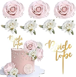 Rsstarxi 8 Pack Acrylic Bride to Be Cake Topper Artificial Flower Wedding Rose Cake Pick for Baby Shower Wedding Bridal Shower Party Cake Decorations Supplies