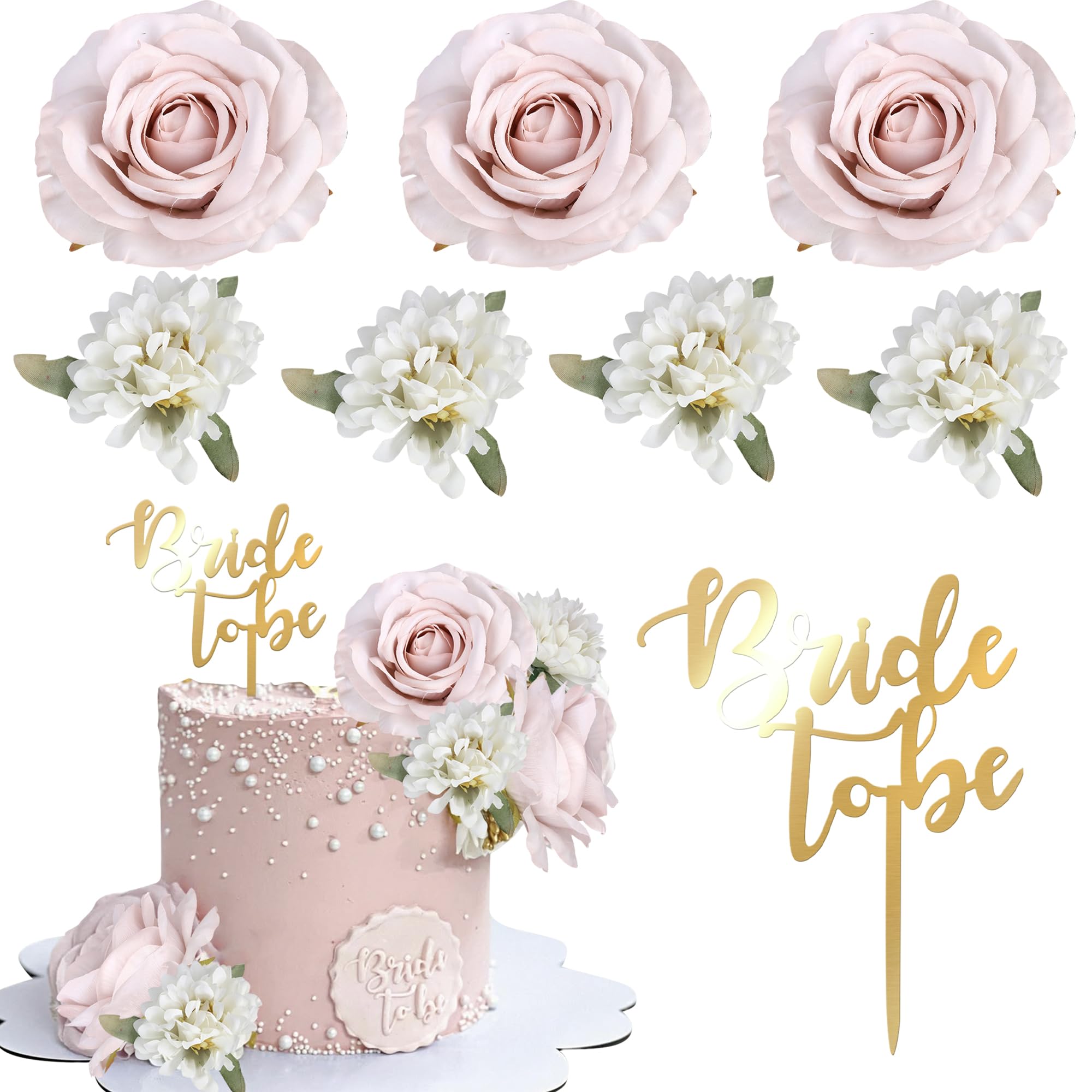 Xsstarmi Acrylic Bride to Be Cake Topper Artificial Flower Wedding Rose Cake Pick for Baby Shower Wedding Bridal Shower Party Cake Decorations Supplies